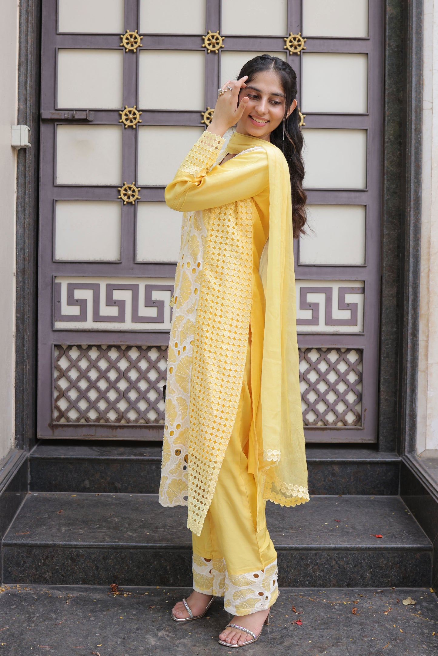 Yellow Embroidered Cutwork Suit set