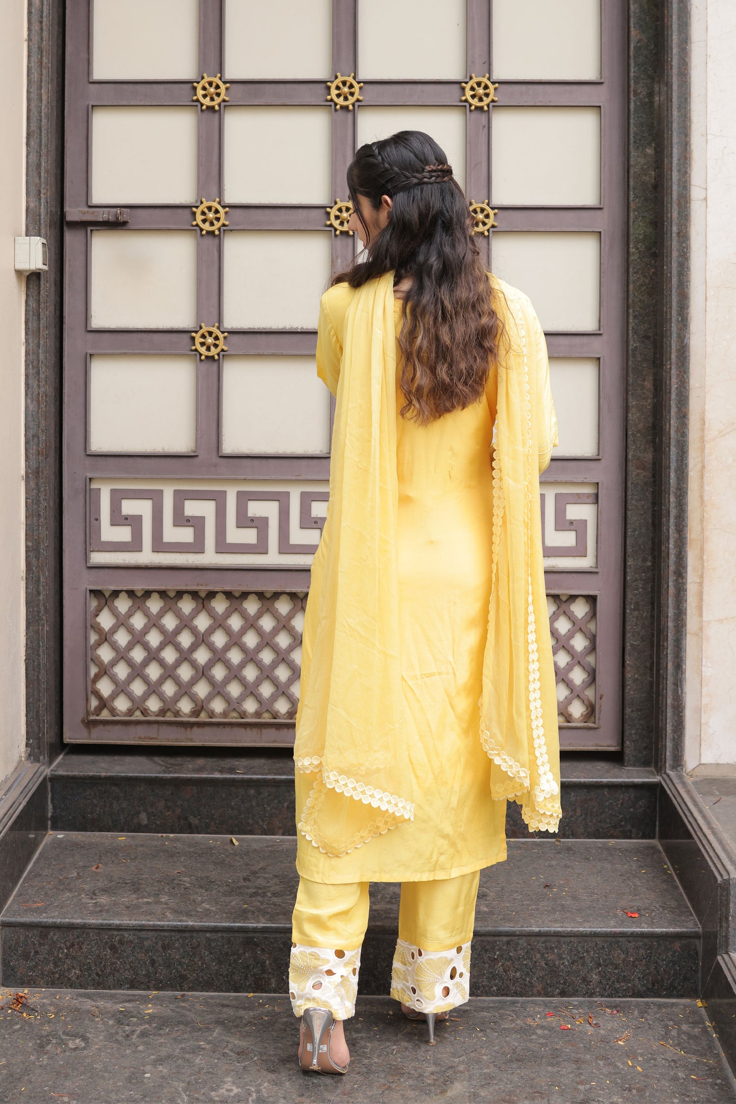 Yellow Embroidered Cutwork Suit set