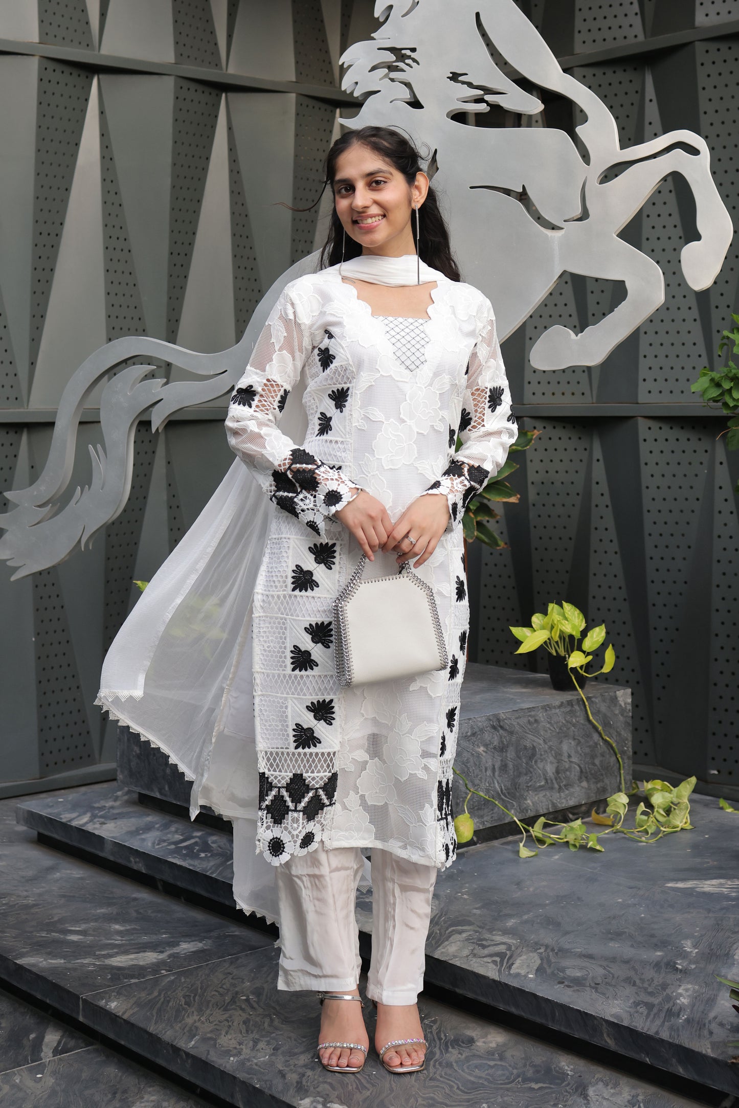 Monochrome White & Black Cutwork Suit Set