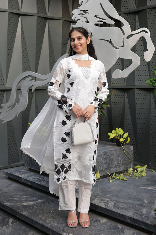 Monochrome White & Black Cutwork Suit Set