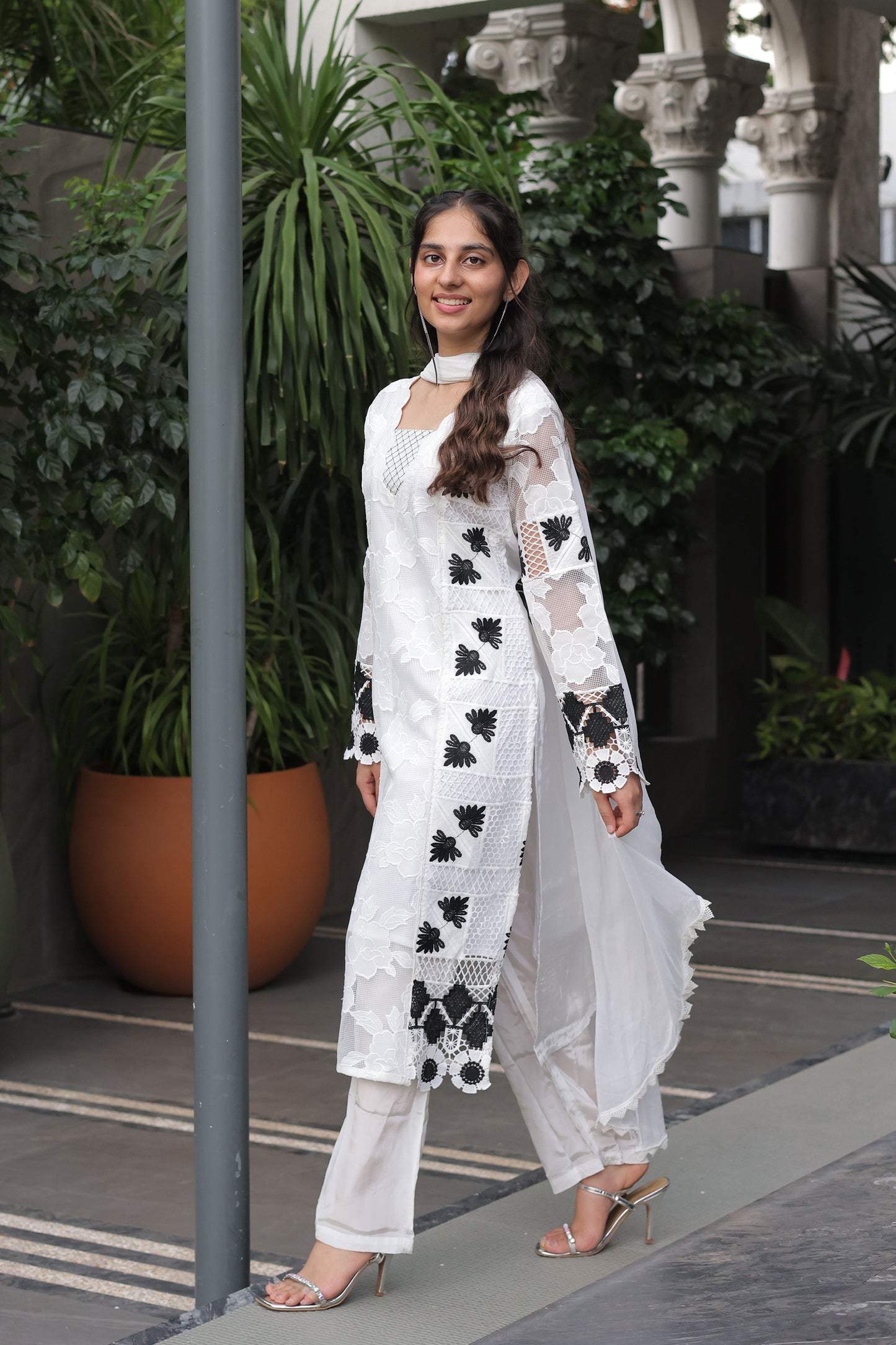 Monochrome White & Black Cutwork Suit Set