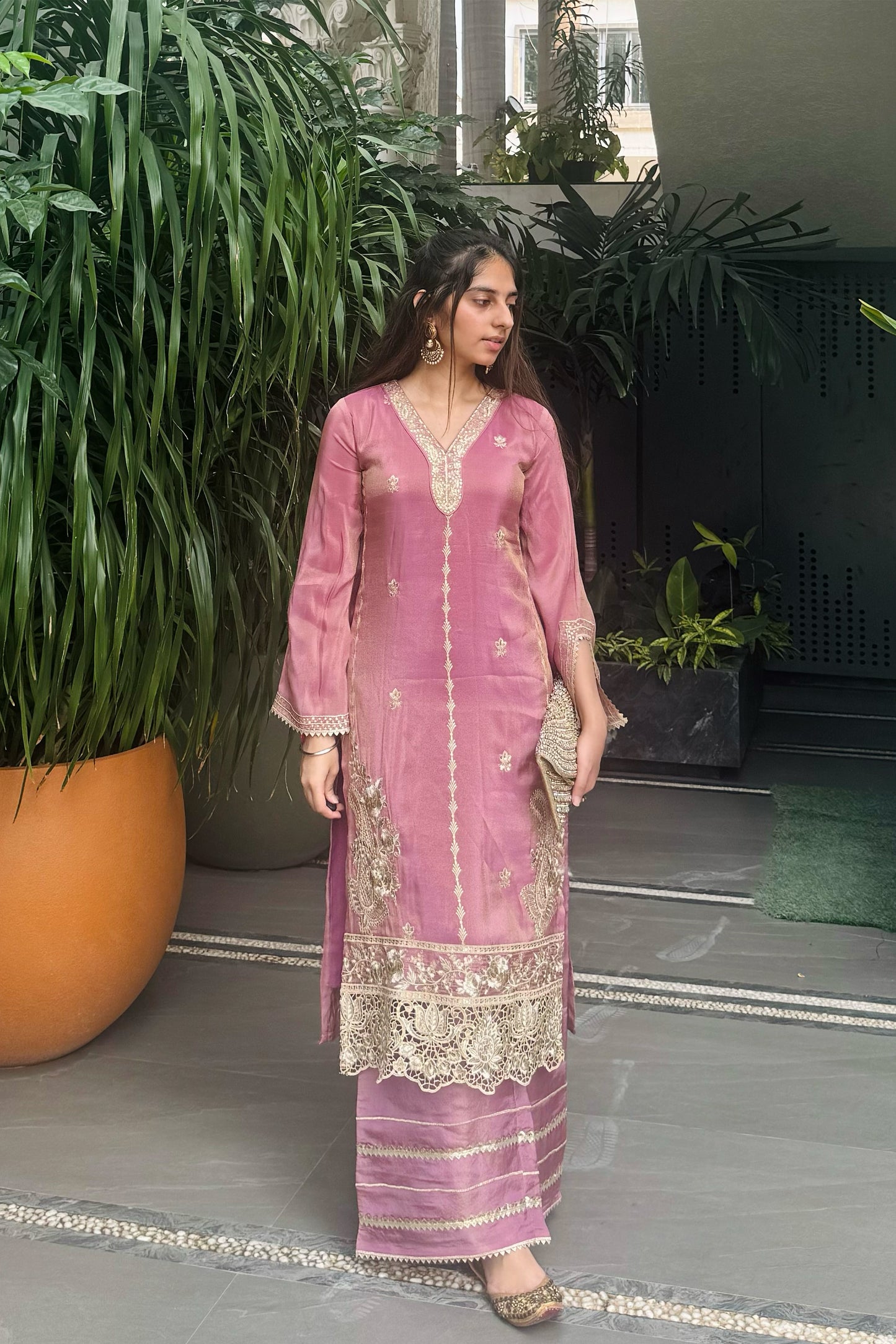 Tissue Suit with Embroidery and Cutwork Border