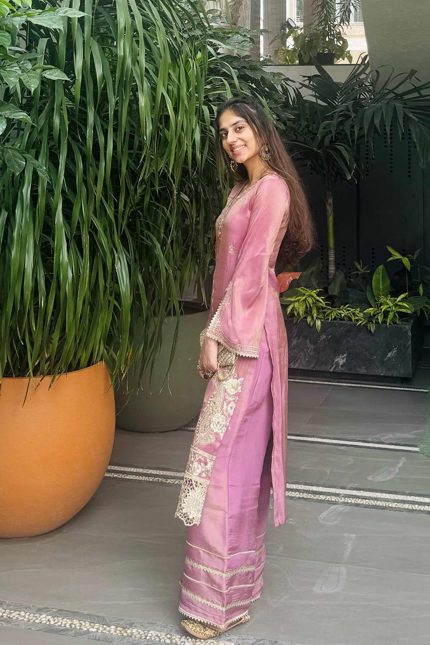 Tissue Suit with Embroidery and Cutwork Border