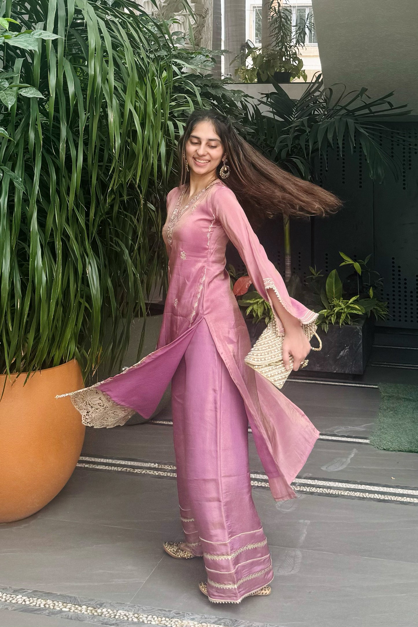 Tissue Suit with Embroidery and Cutwork Border