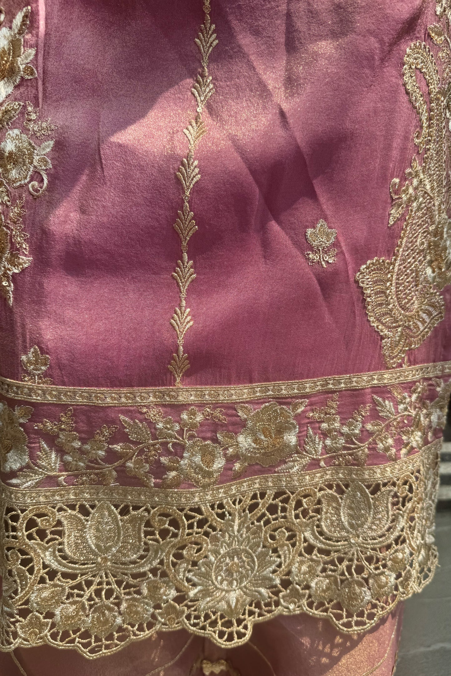 Tissue Suit with Embroidery and Cutwork Border