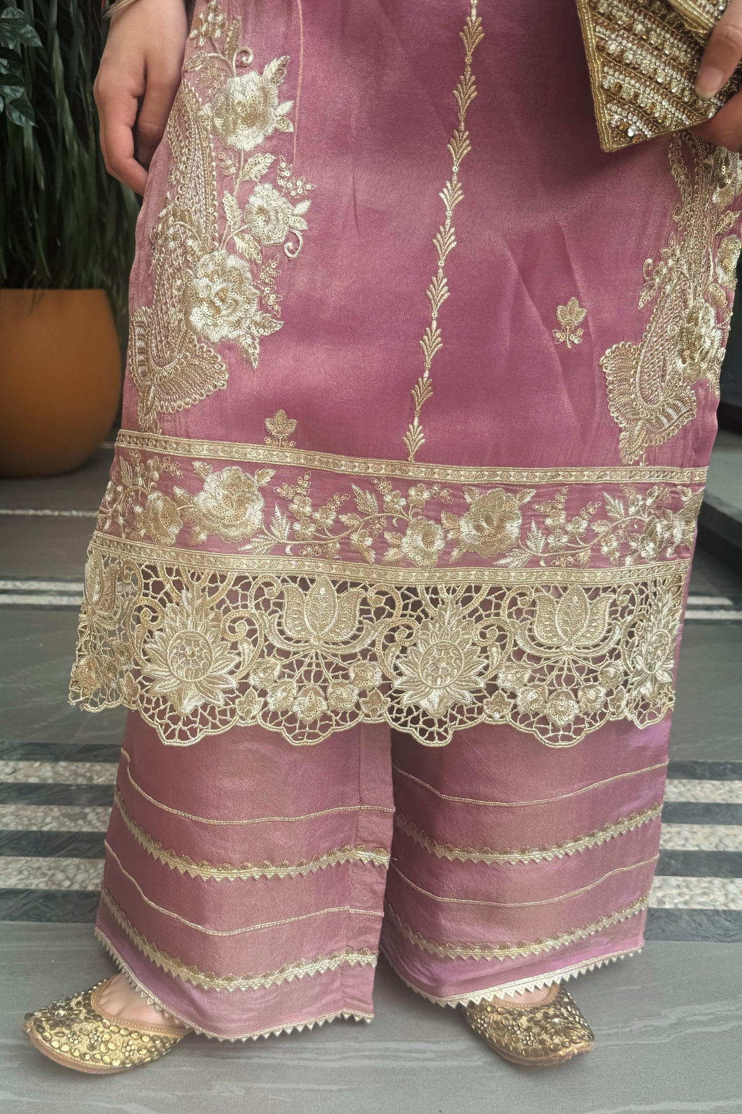Tissue Suit with Embroidery and Cutwork Border