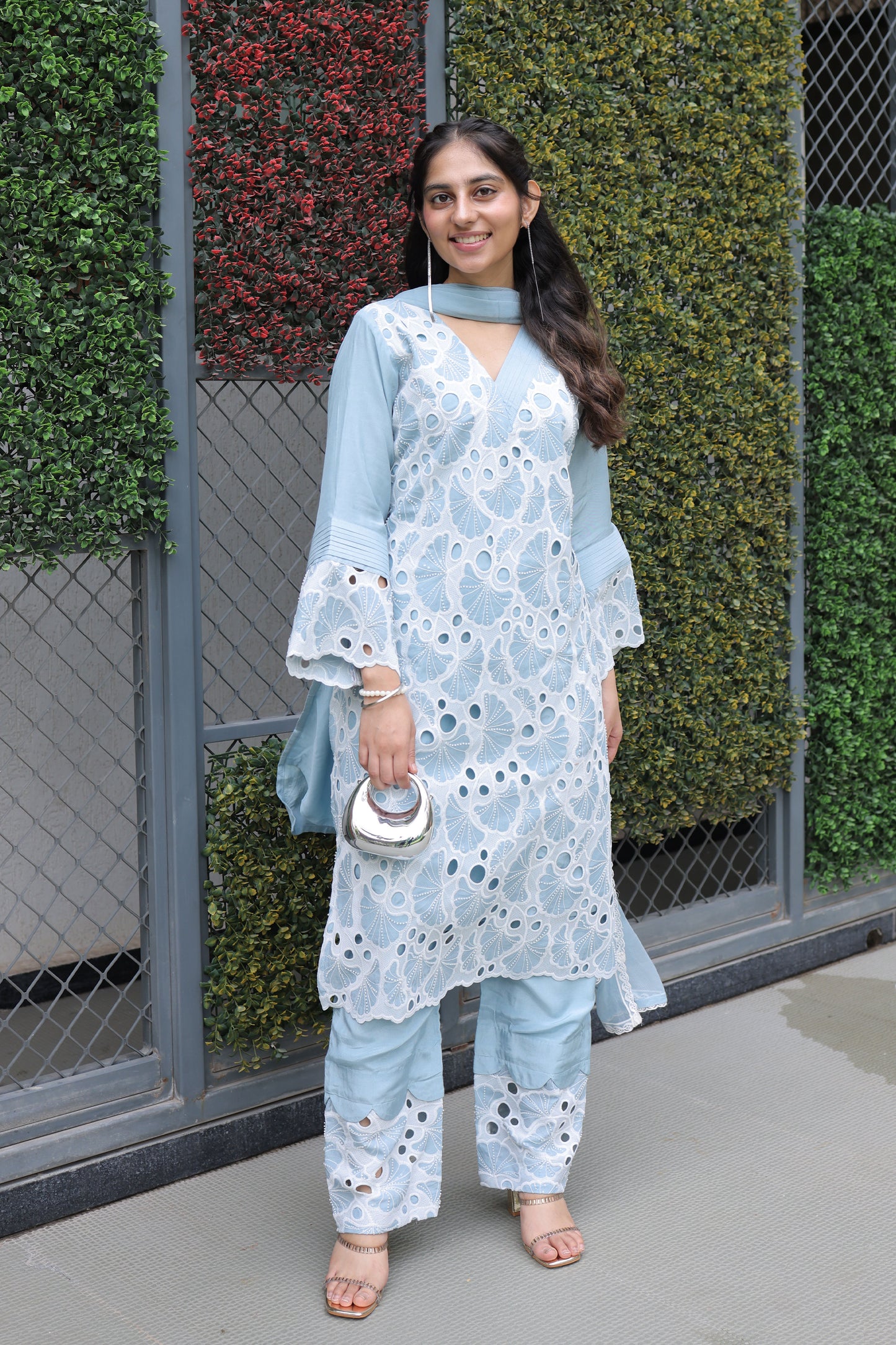 Sky Blue Embroidered Cutwork Suit Set