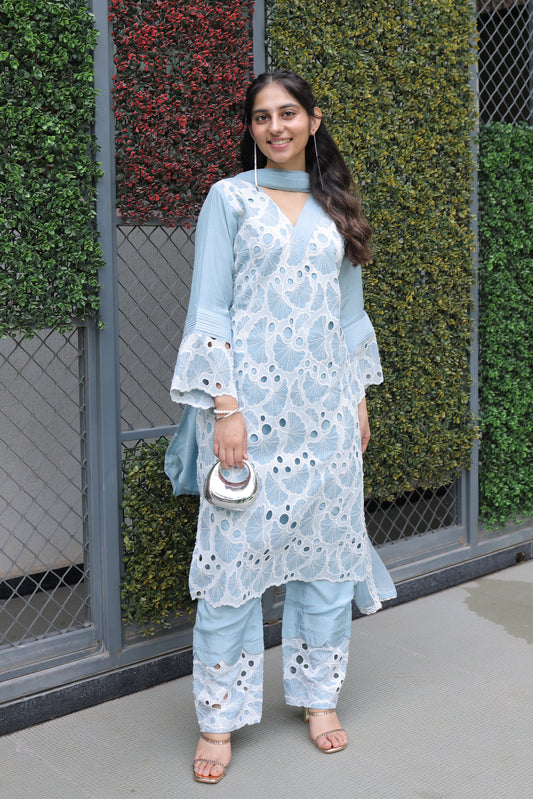 Sky Blue Embroidered Cutwork Suit Set