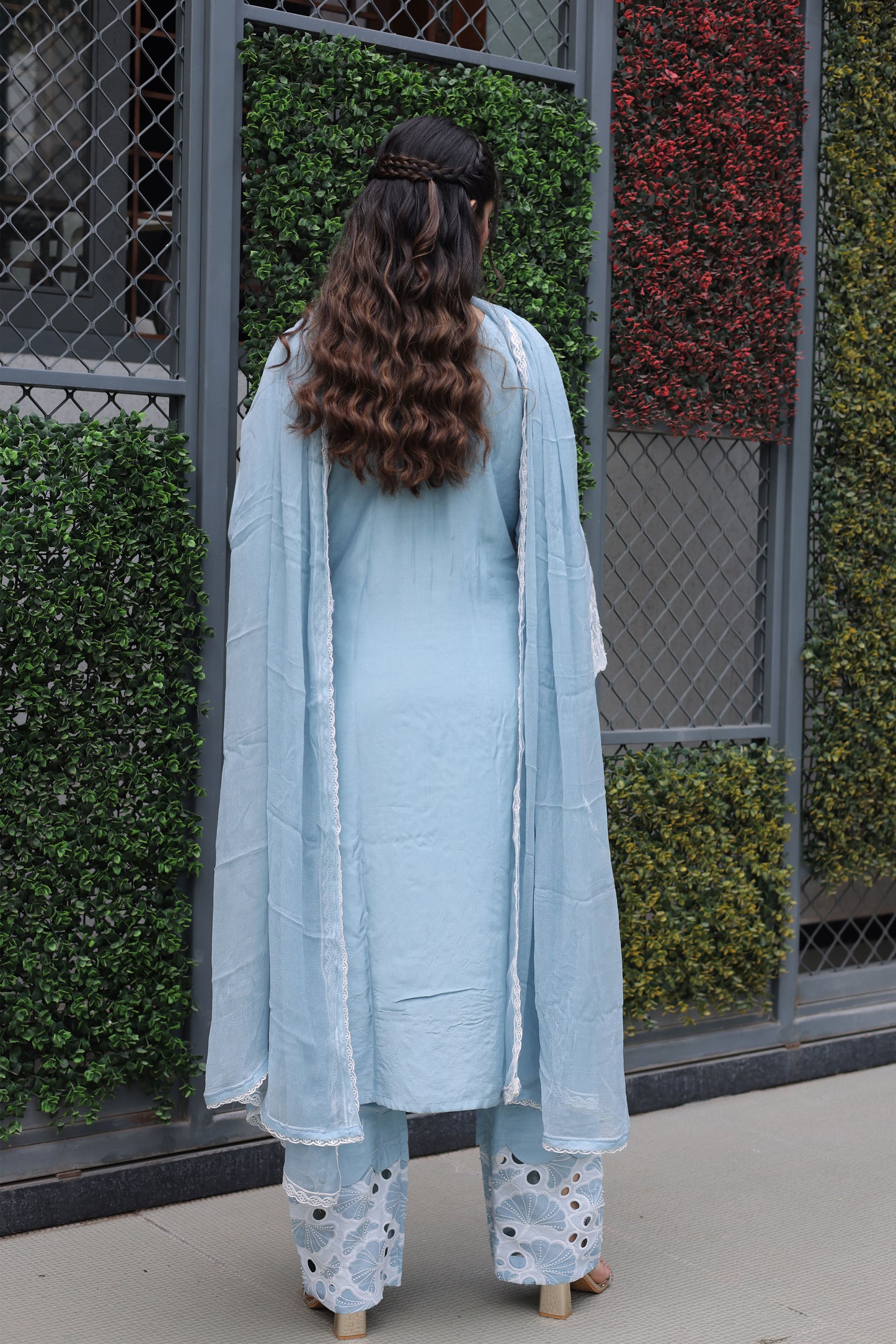 Sky Blue Embroidered Cutwork Suit Set