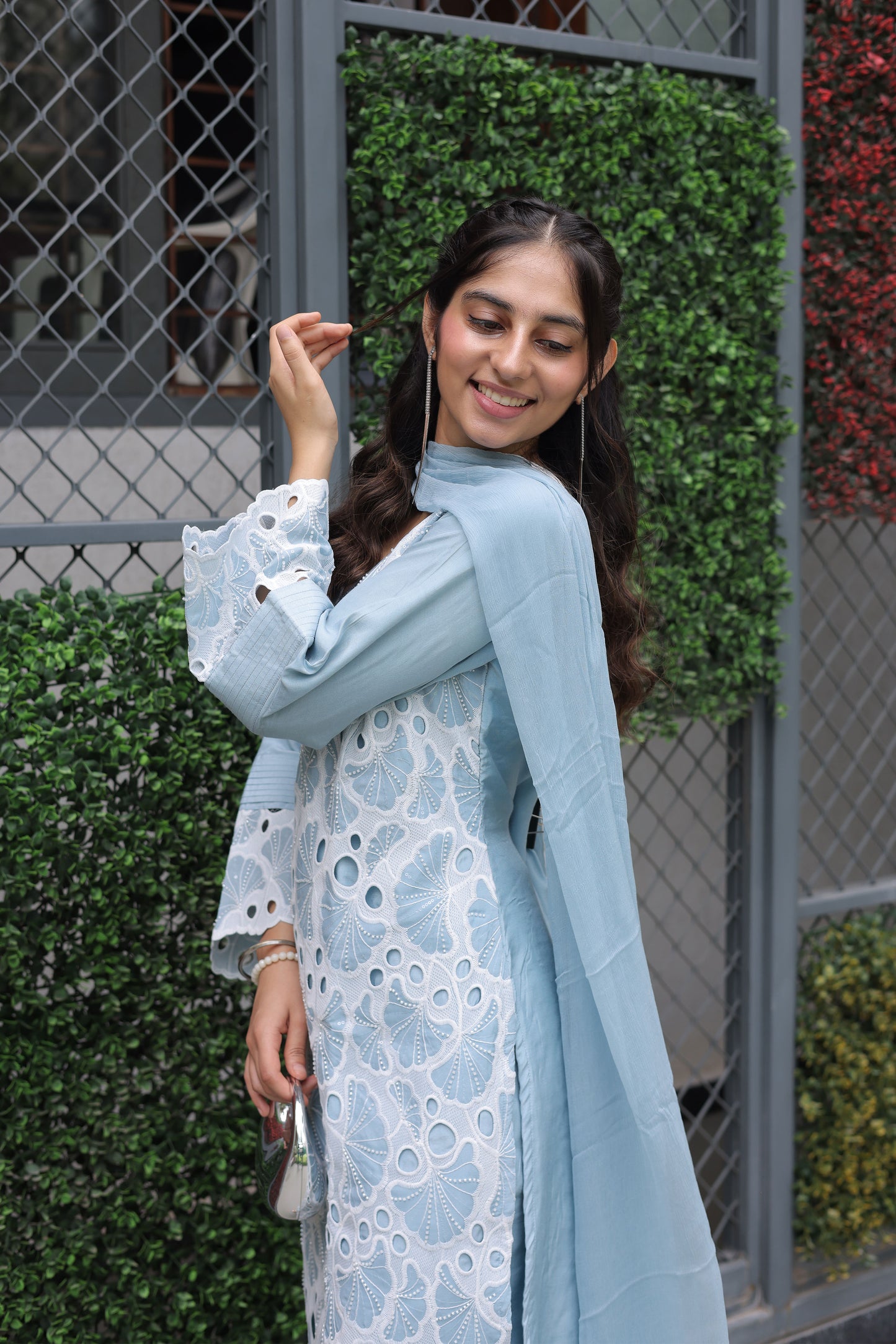 Sky Blue Embroidered Cutwork Suit Set