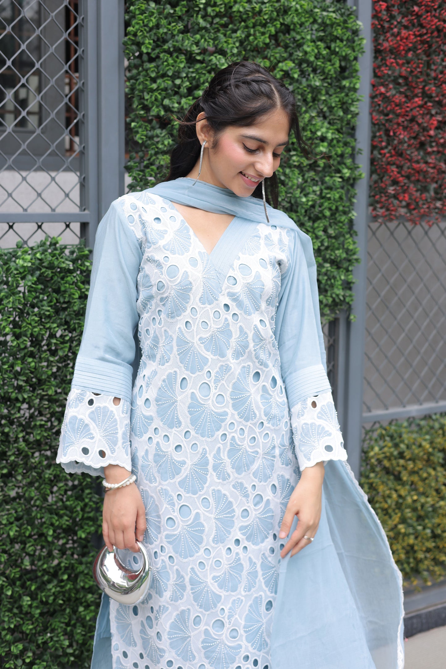 Sky Blue Embroidered Cutwork Suit Set