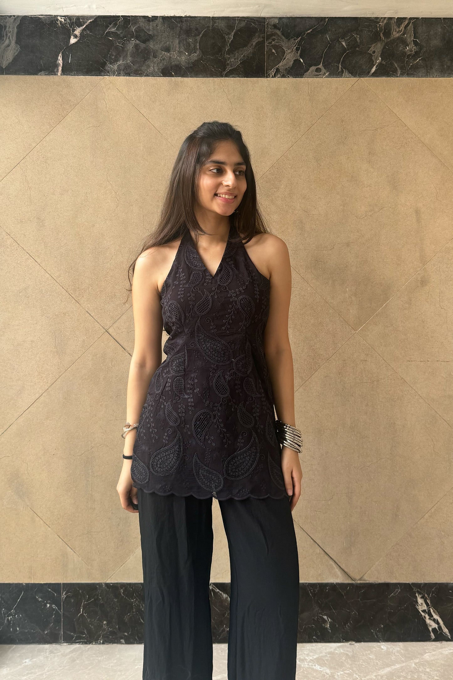 Black Organza Cutwork Embroidered Kurti