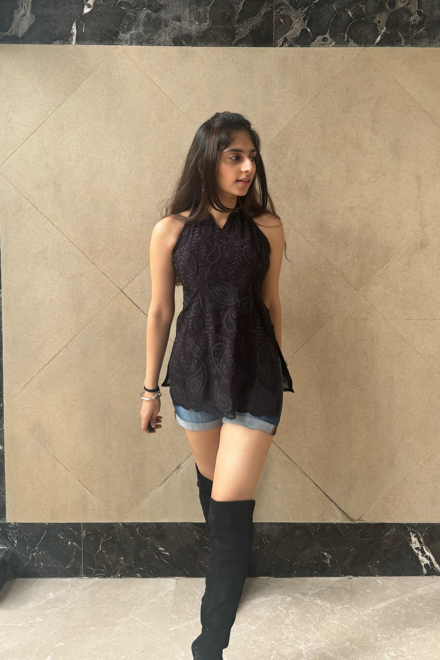 Black Organza Cutwork Embroidered Kurti