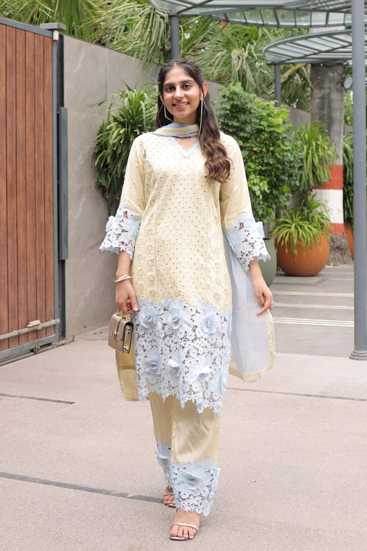 Pastel Yellow & Sky Blue Floral Cutwork Suit Set