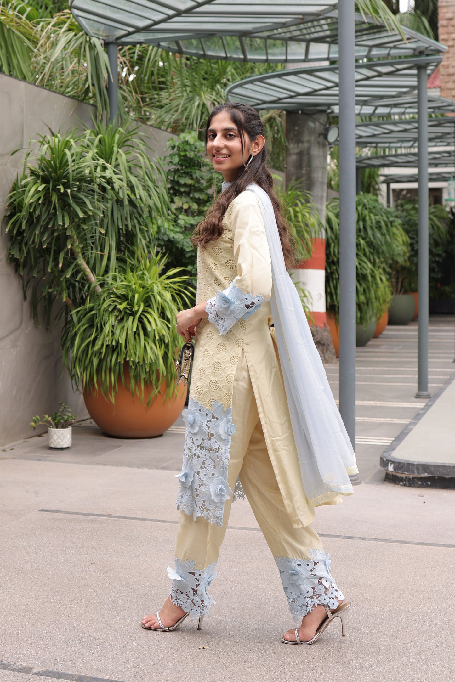 Pastel Yellow & Sky Blue Floral Cutwork Suit Set