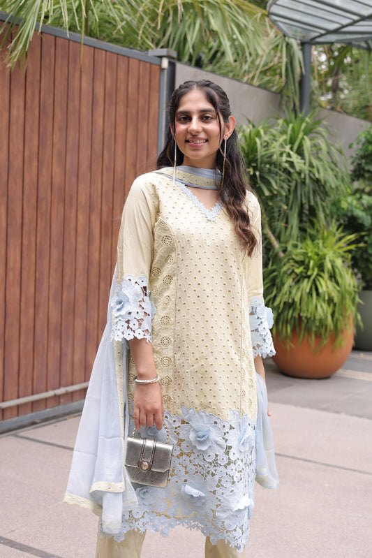 Pastel Yellow & Sky Blue Floral Cutwork Suit Set