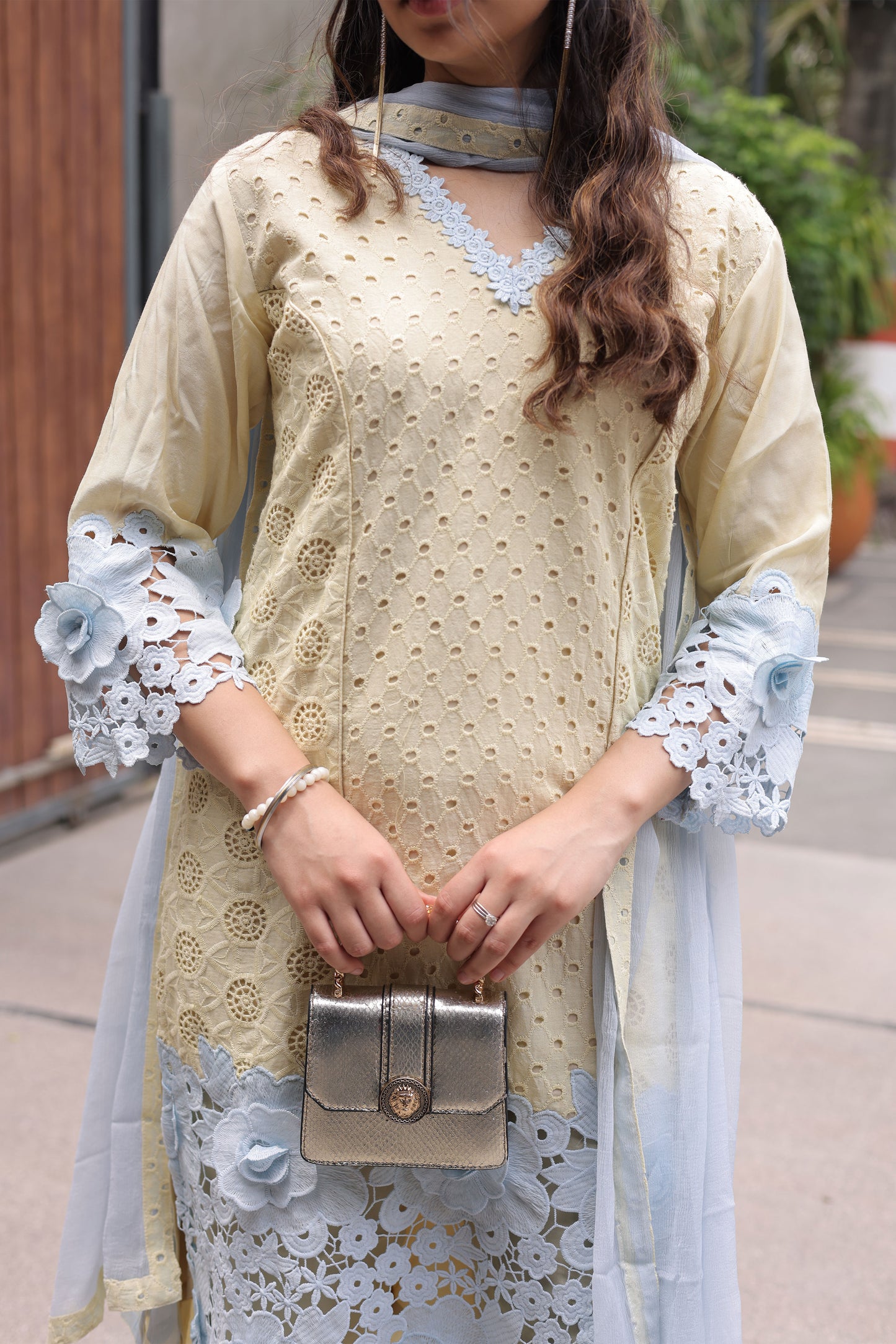 Pastel Yellow & Sky Blue Floral Cutwork Suit Set