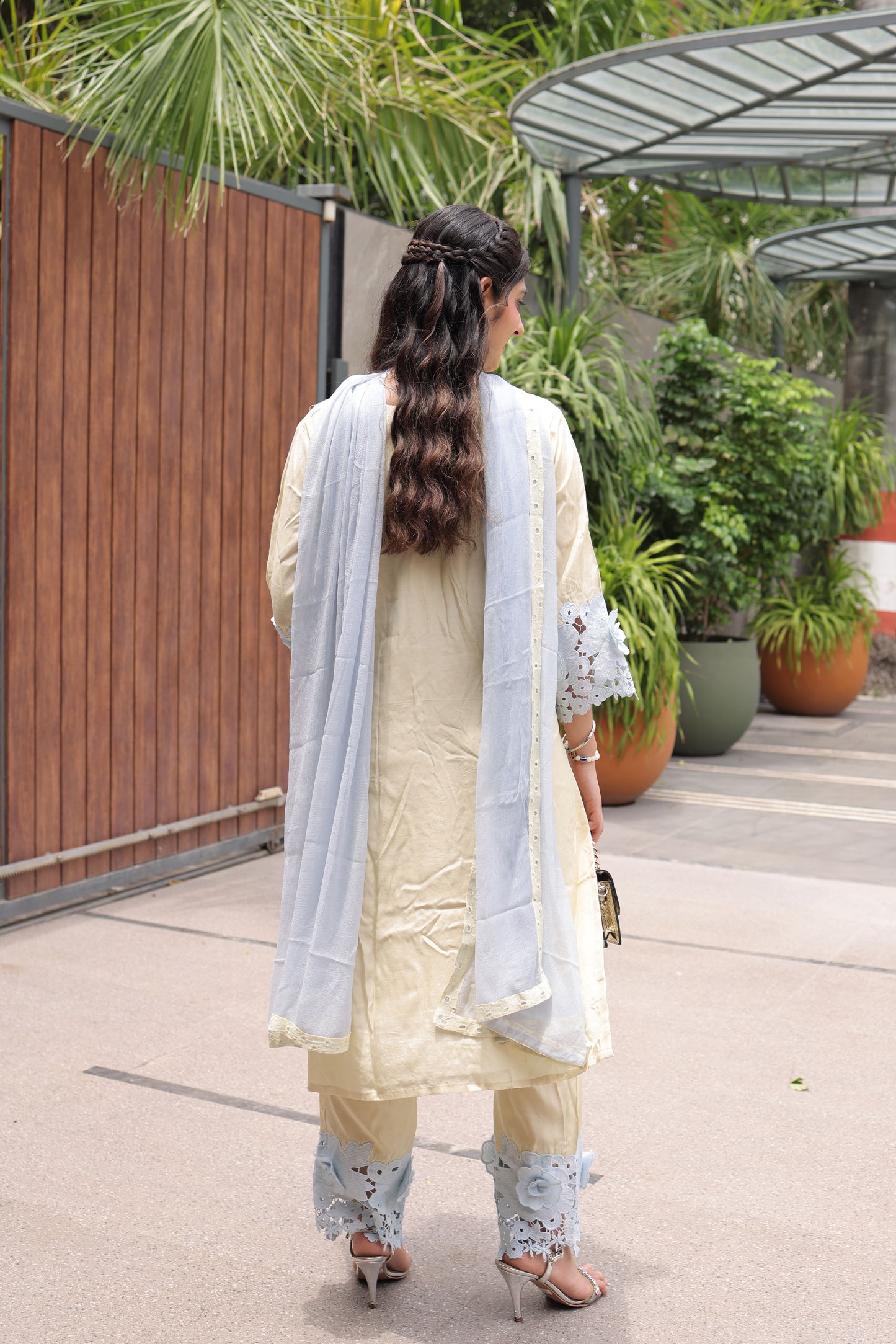 Pastel Yellow & Sky Blue Floral Cutwork Suit Set