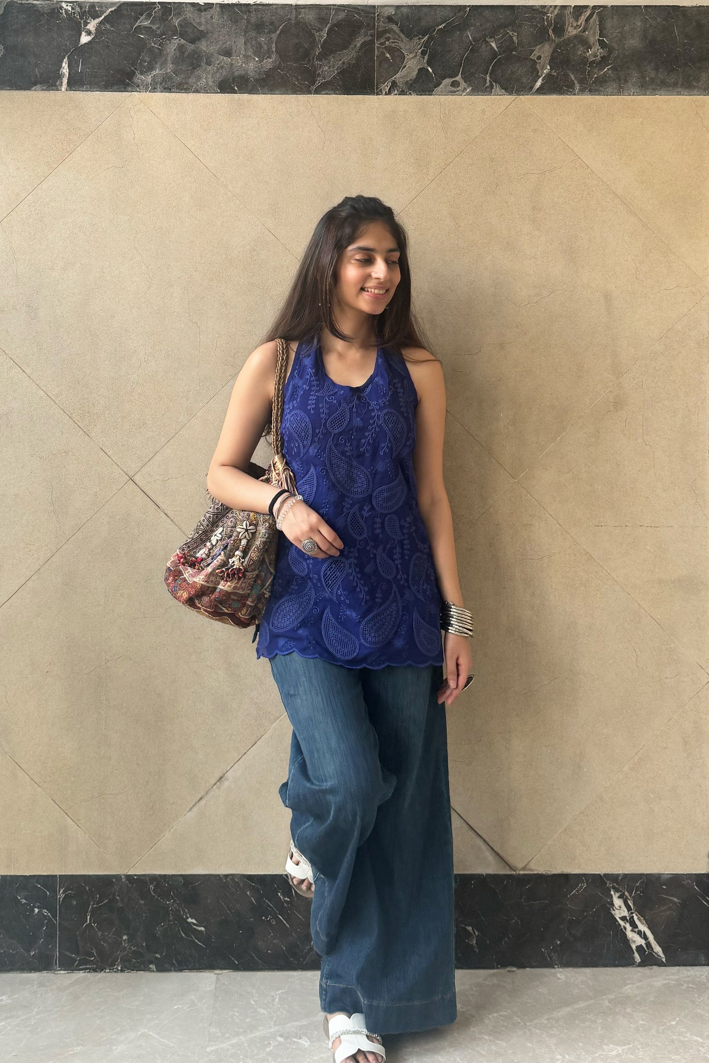 Blue Organza Cutwork Embroidered Kurti