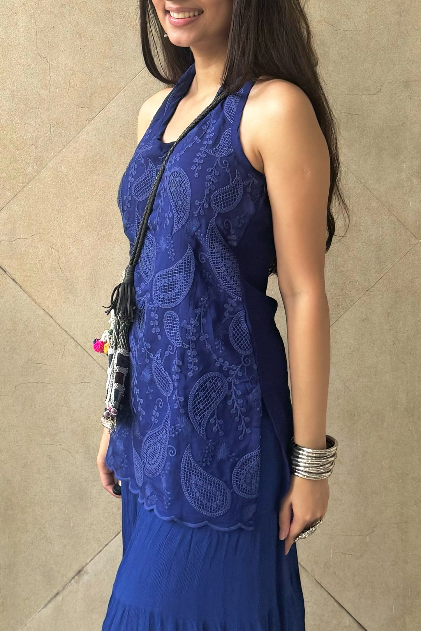 Blue Organza Cutwork Embroidered Kurti