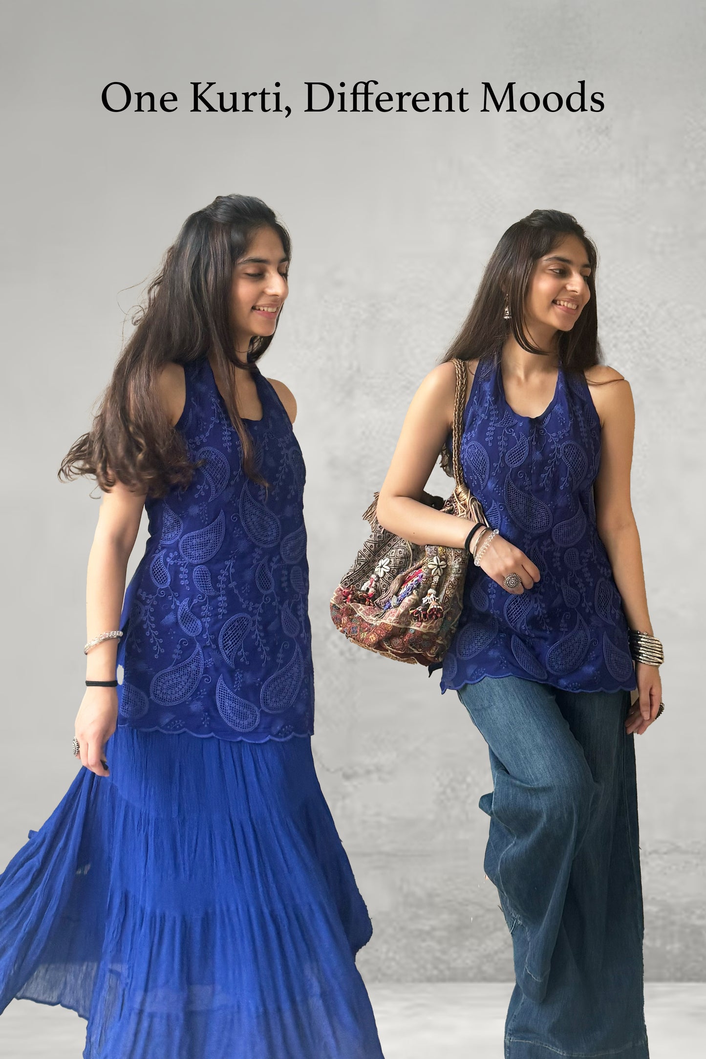 Blue Organza Cutwork Embroidered Kurti