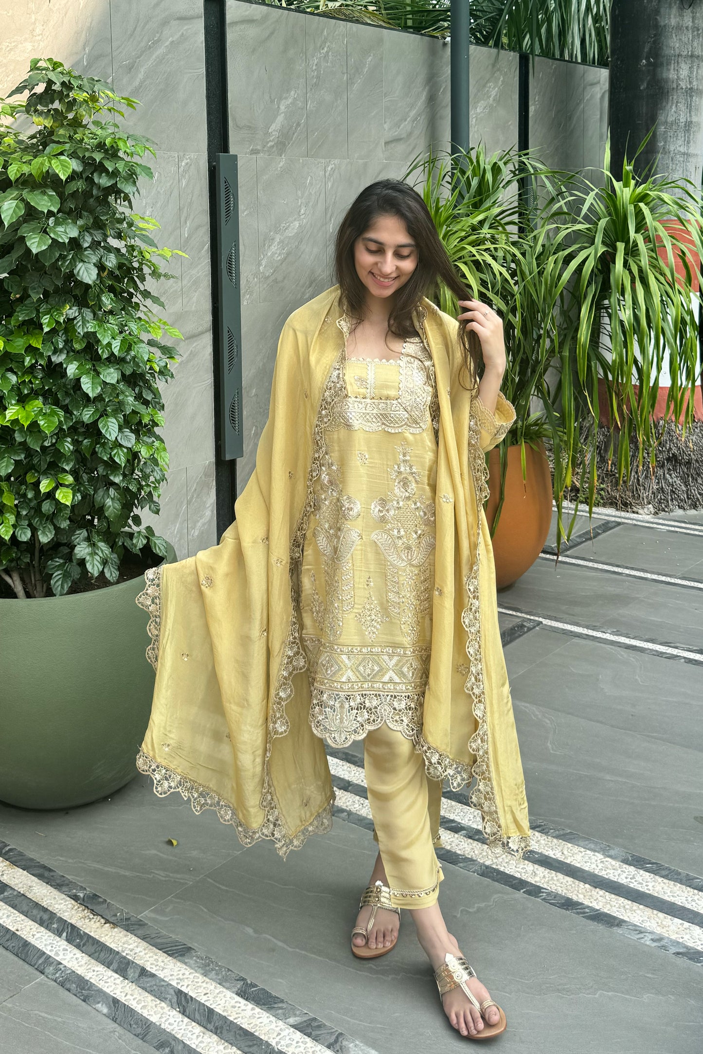 Lemon Embroidered Cutwork Tissue Suit