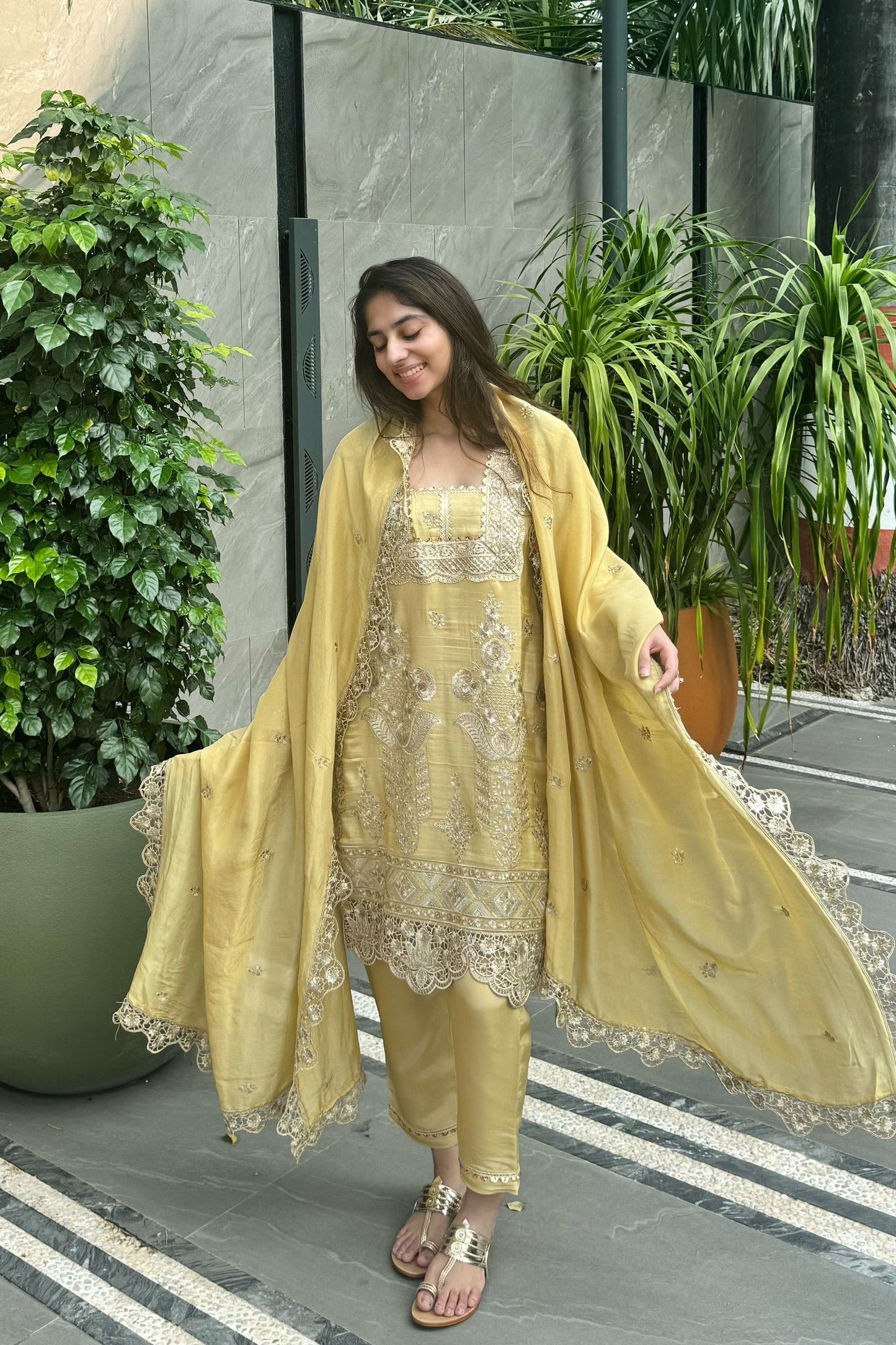 Lemon Embroidered Cutwork Tissue Suit