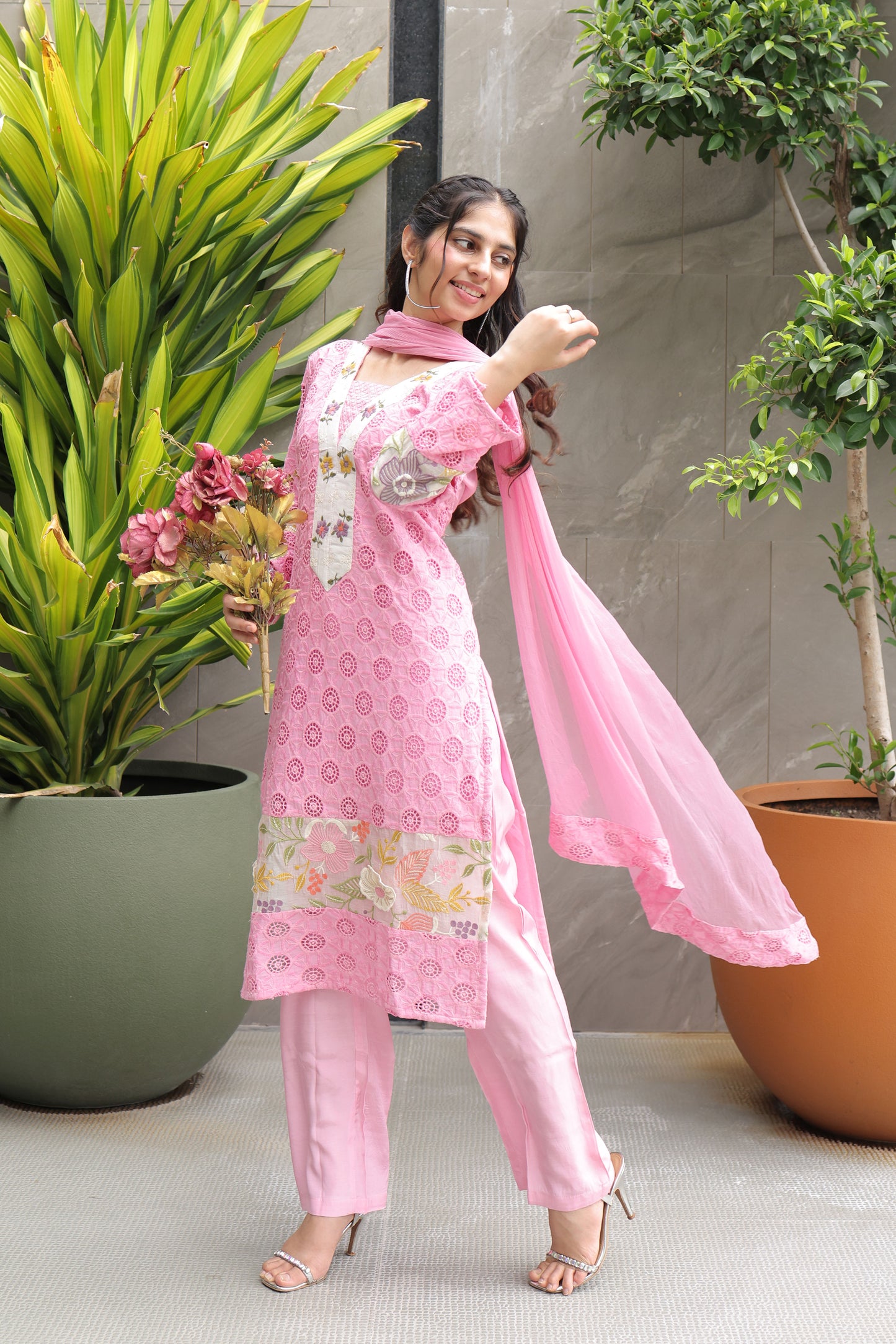 Blush Pink Embroidered Schiffli  Suit Set
