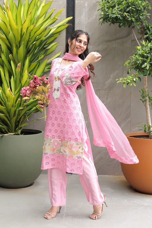 Blush Pink Embroidered Schiffli  Suit Set