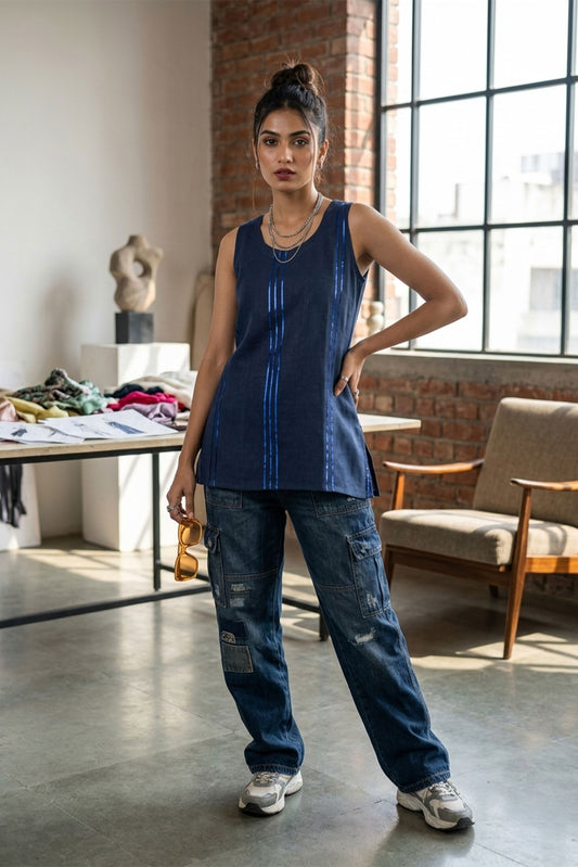 Blue Linen Sleeveless Kurti