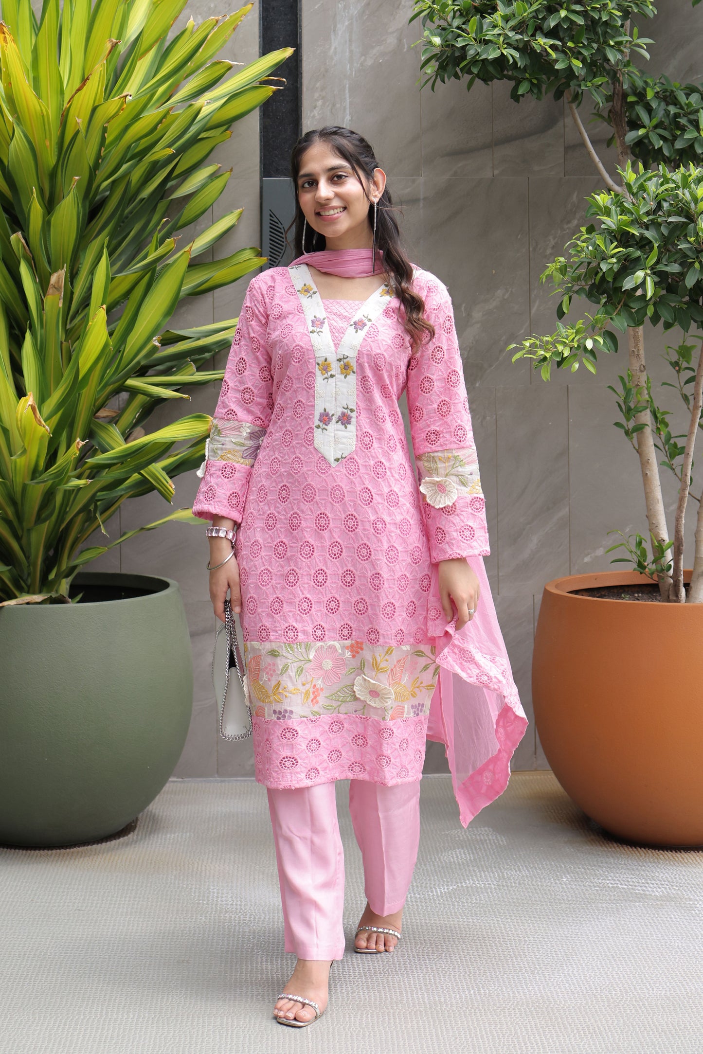 Blush Pink Embroidered Schiffli  Suit Set