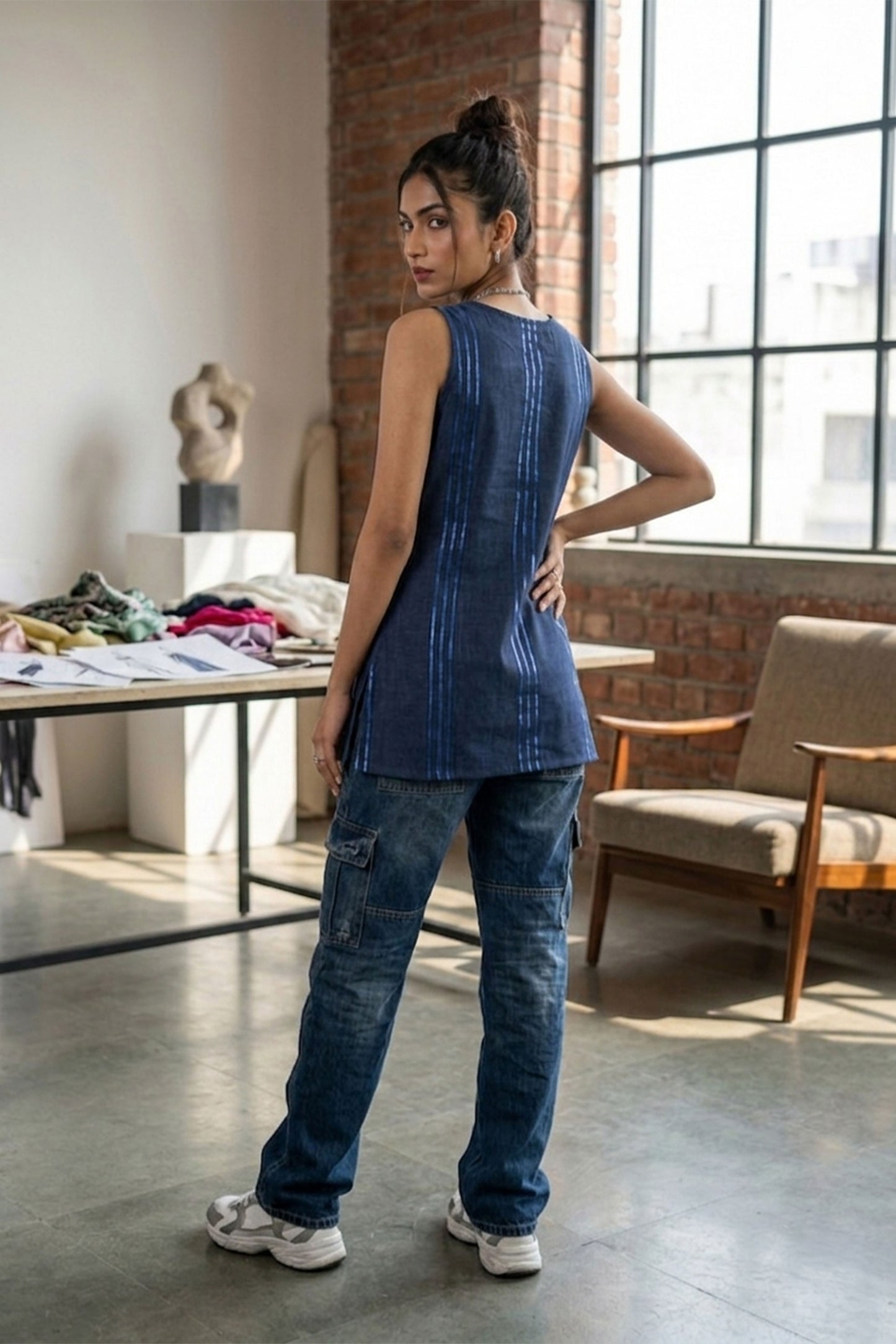 Blue Linen Sleeveless Kurti