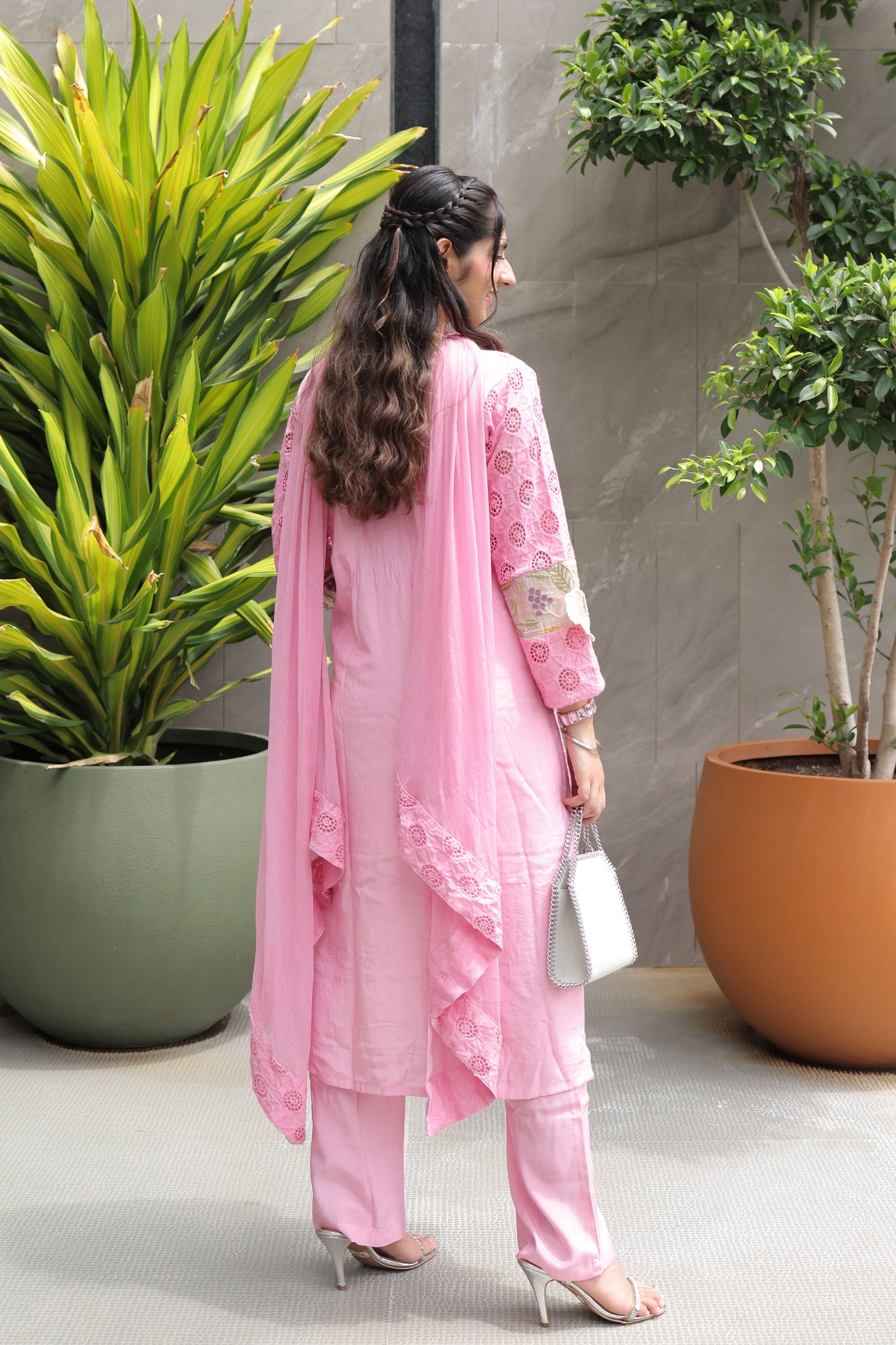 Blush Pink Embroidered Schiffli  Suit Set