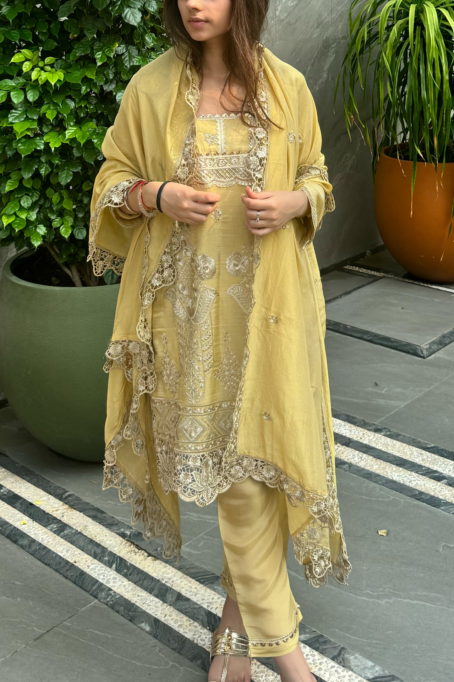 Lemon Embroidered Cutwork Tissue Suit