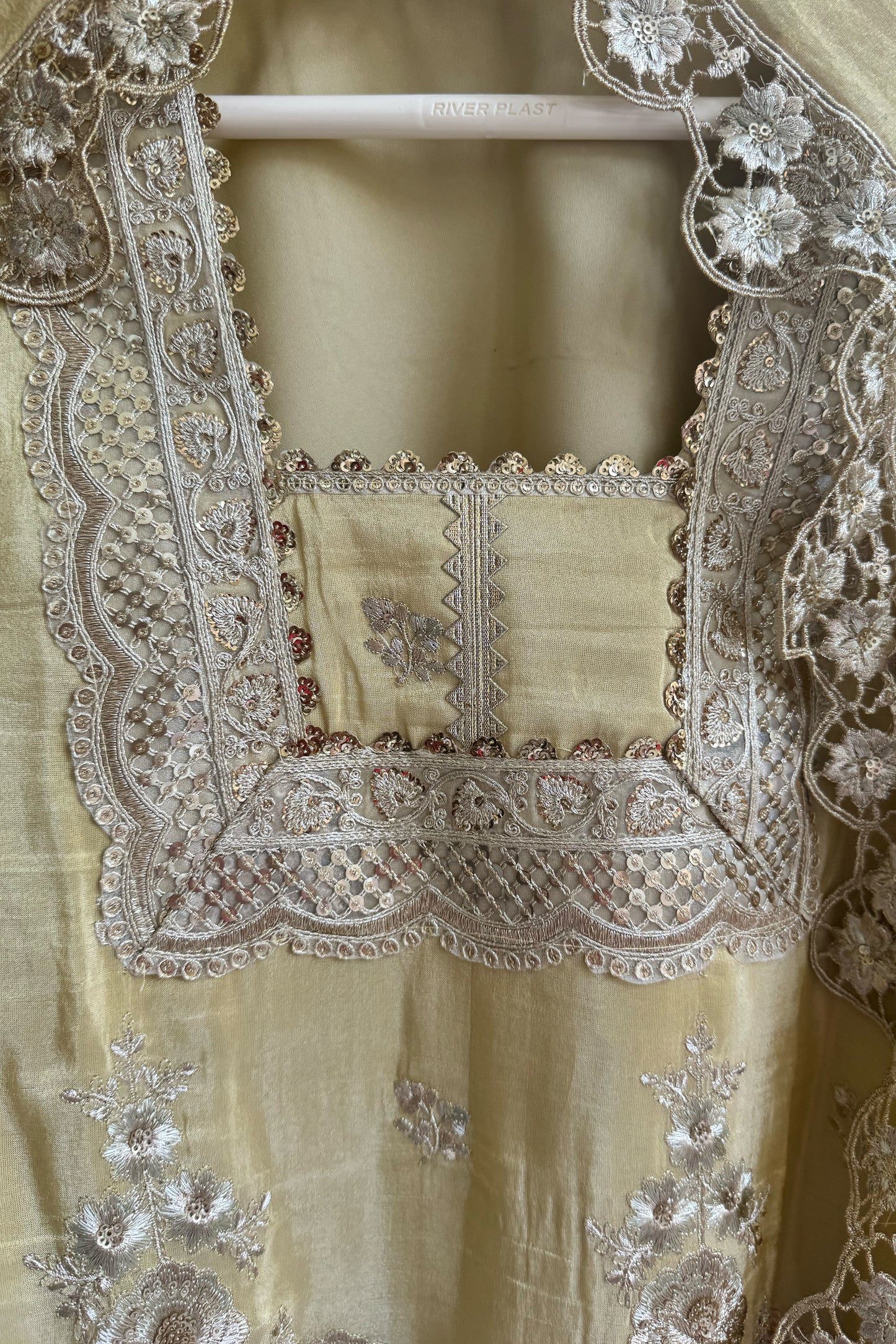 Lemon Embroidered Cutwork Tissue Suit