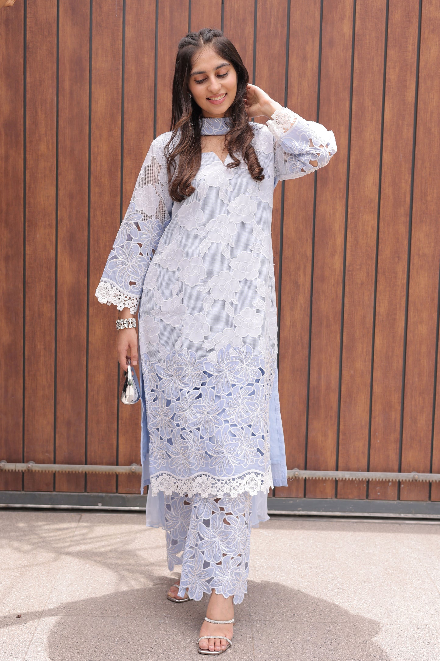 Blue Floral Cutwork Suit Set with Chiffon Dupatta