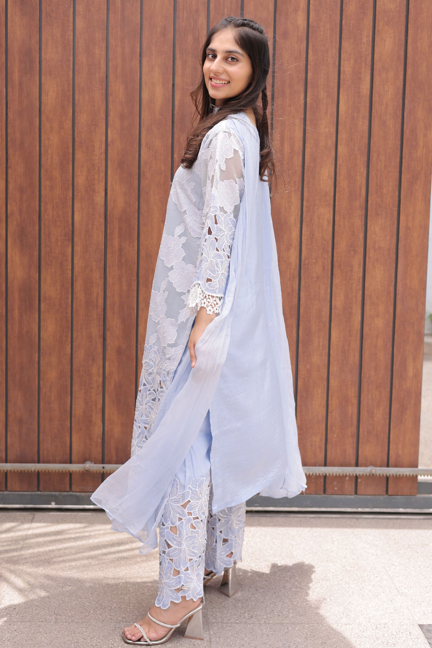 Blue Floral Cutwork Suit Set with Chiffon Dupatta