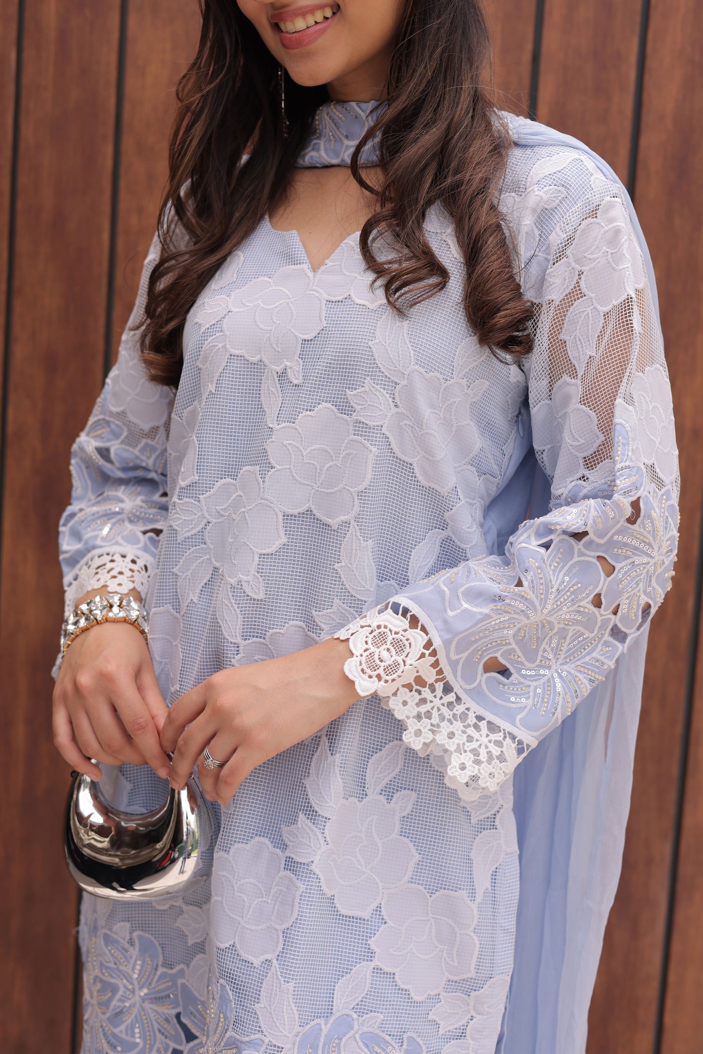 Blue Floral Cutwork Suit Set with Chiffon Dupatta