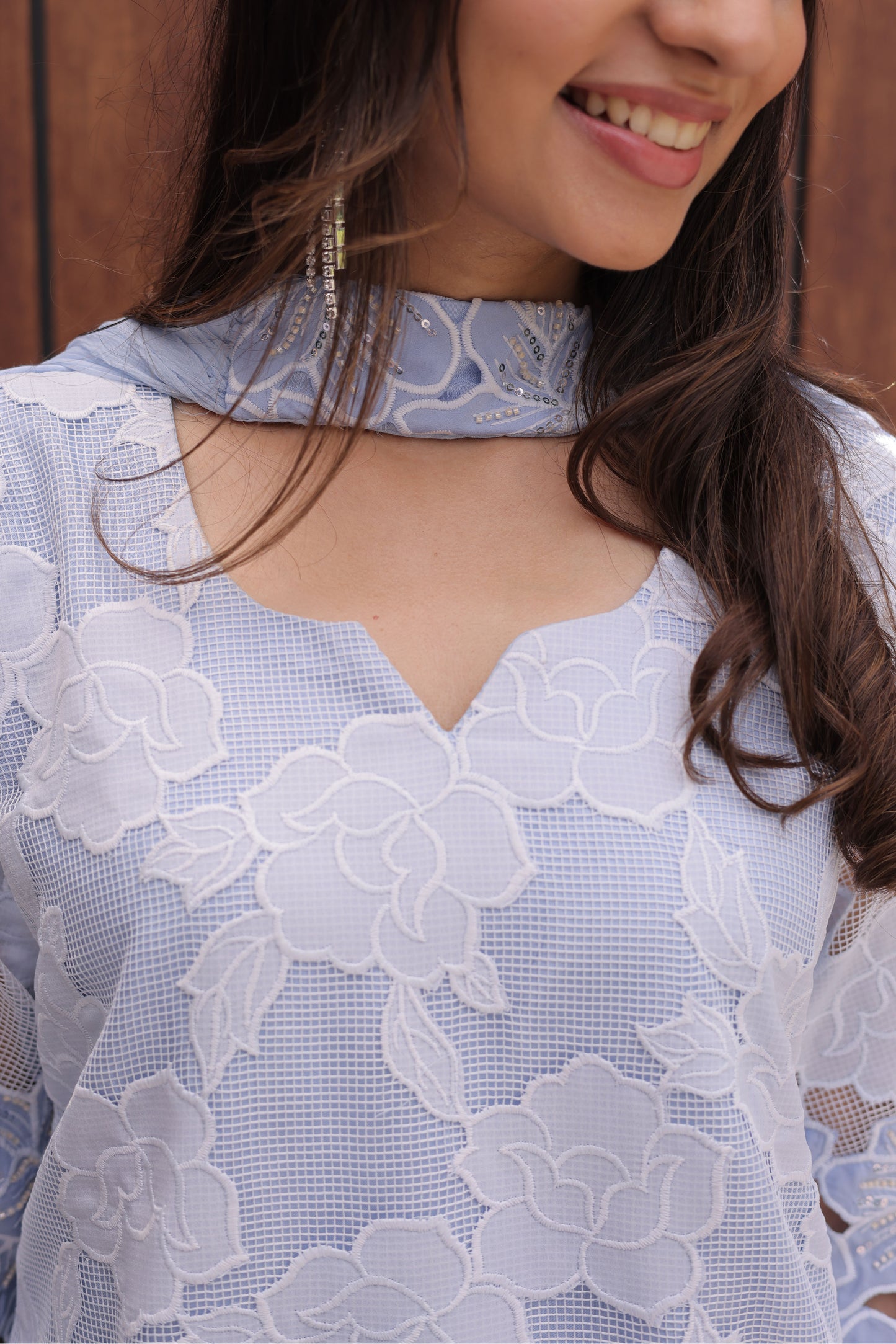 Blue Floral Cutwork Suit Set with Chiffon Dupatta