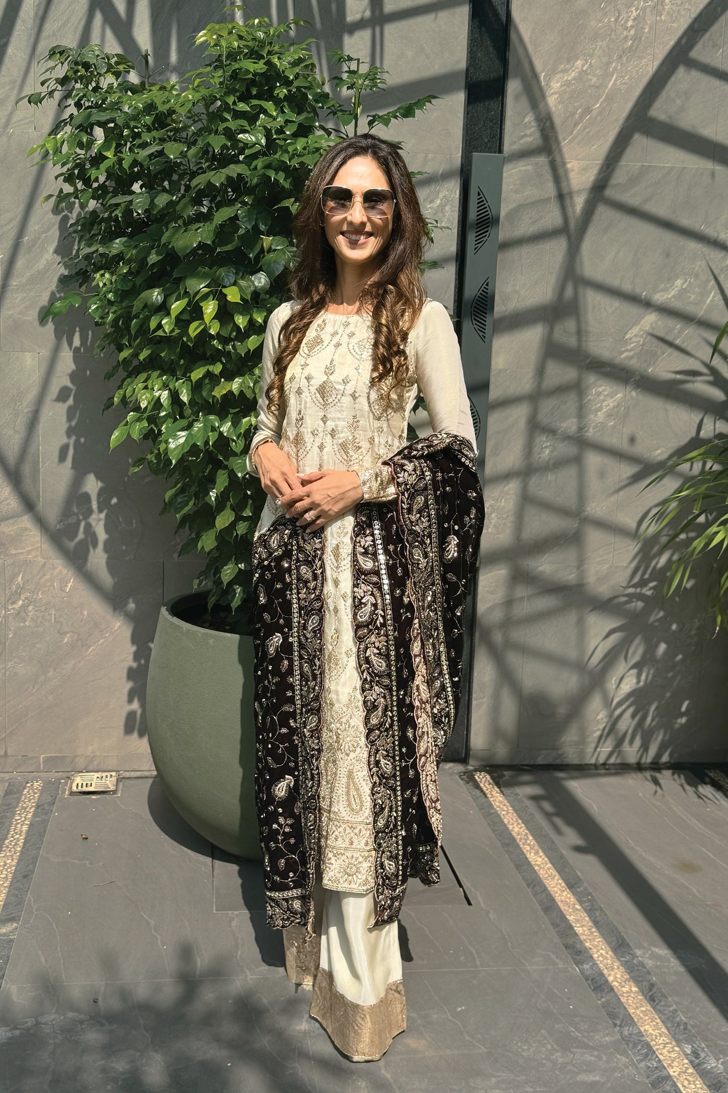 Tissue Embroidered Suit with Velvet Dupatta