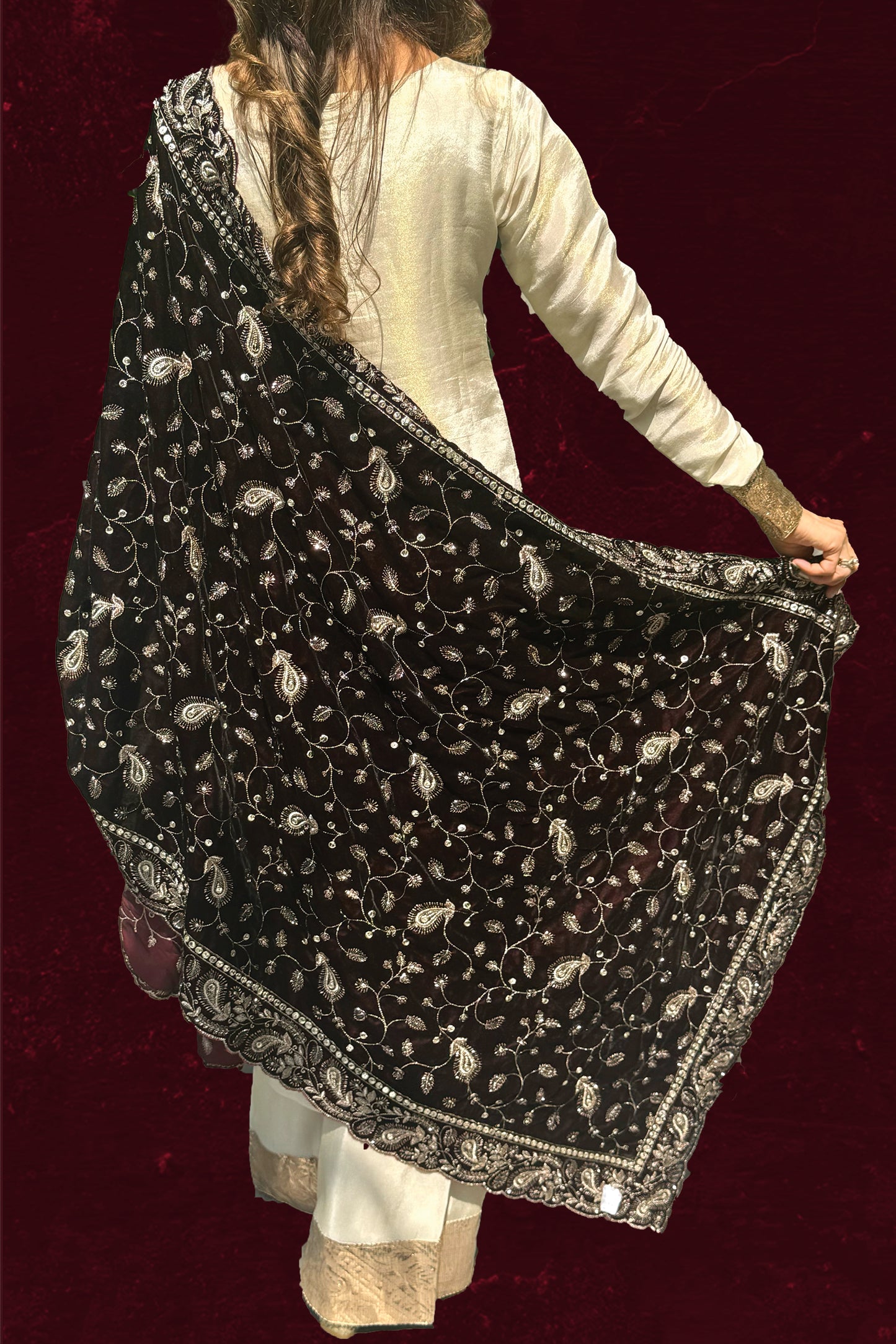 Tissue Embroidered Suit with Velvet Dupatta