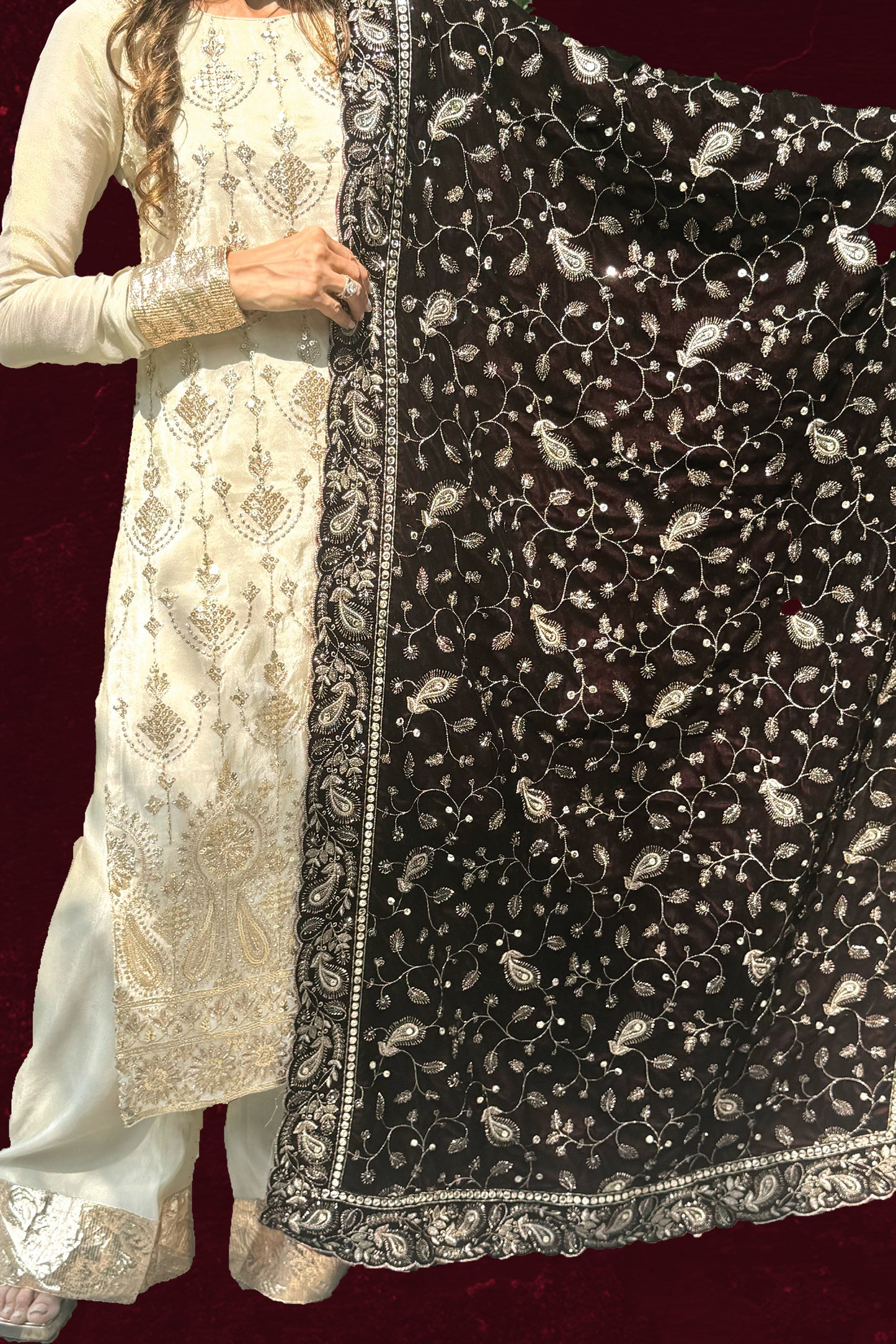 Tissue Embroidered Suit with Velvet Dupatta