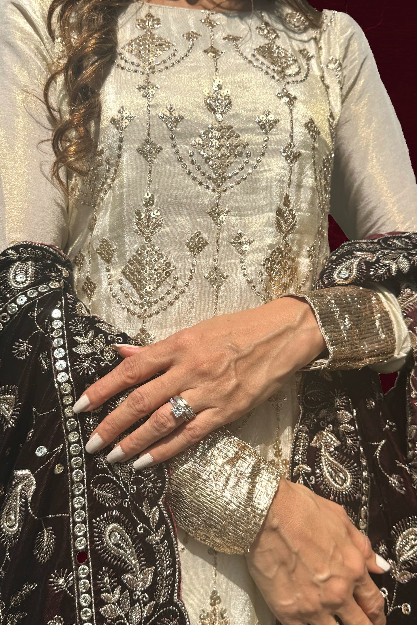 Tissue Embroidered Suit with Velvet Dupatta