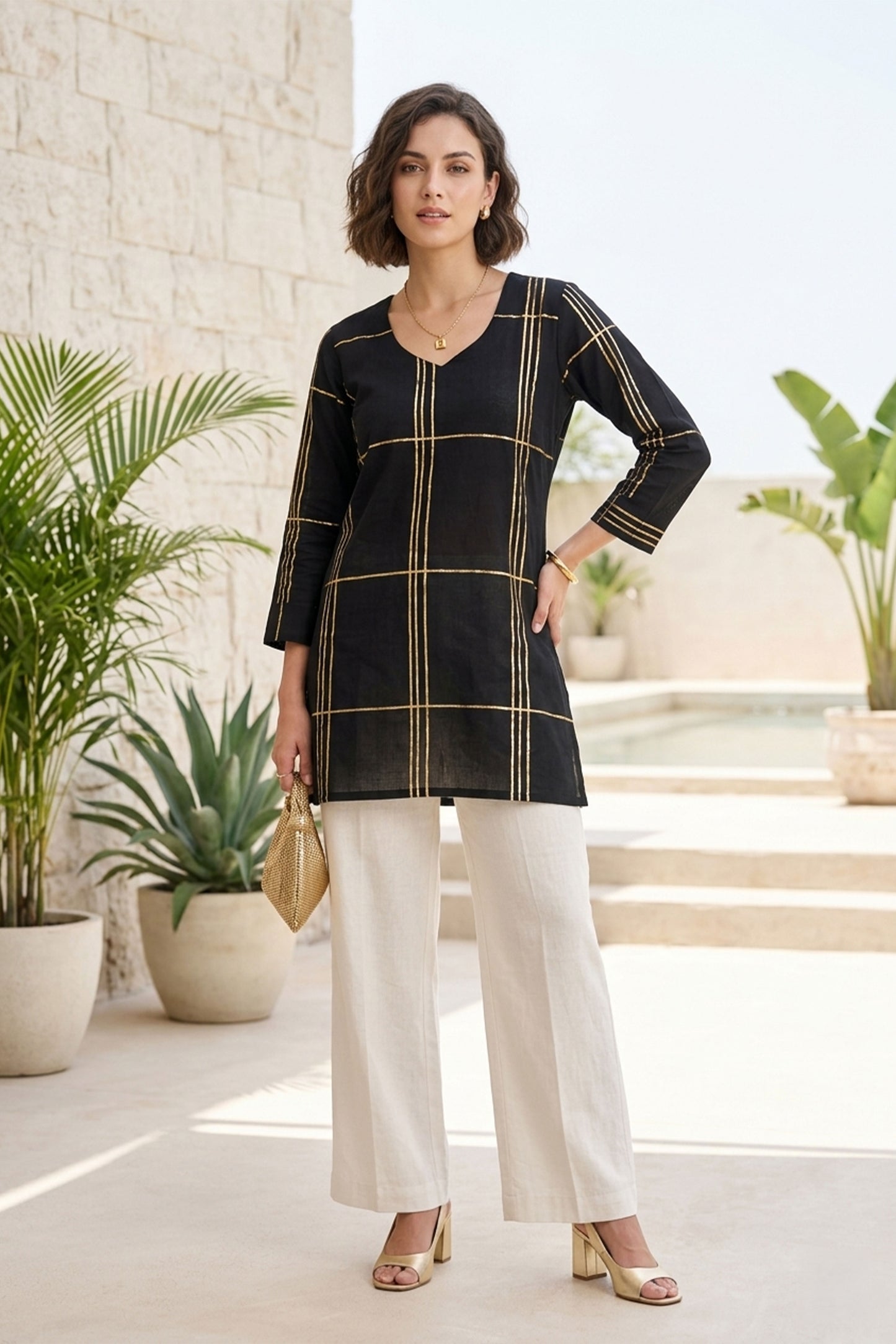 Black Linen Kurti with gold foil