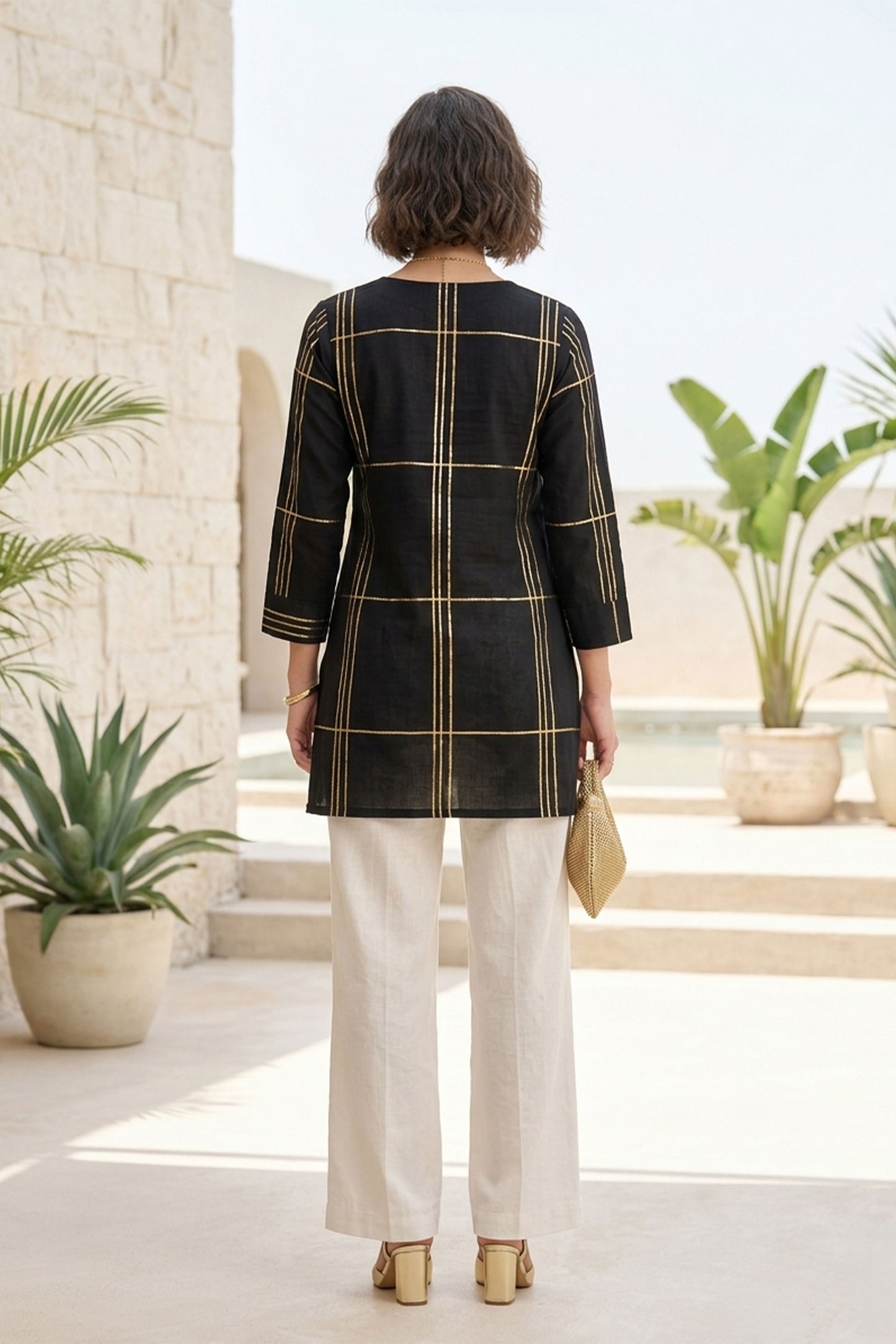 Black Linen Kurti with gold foil