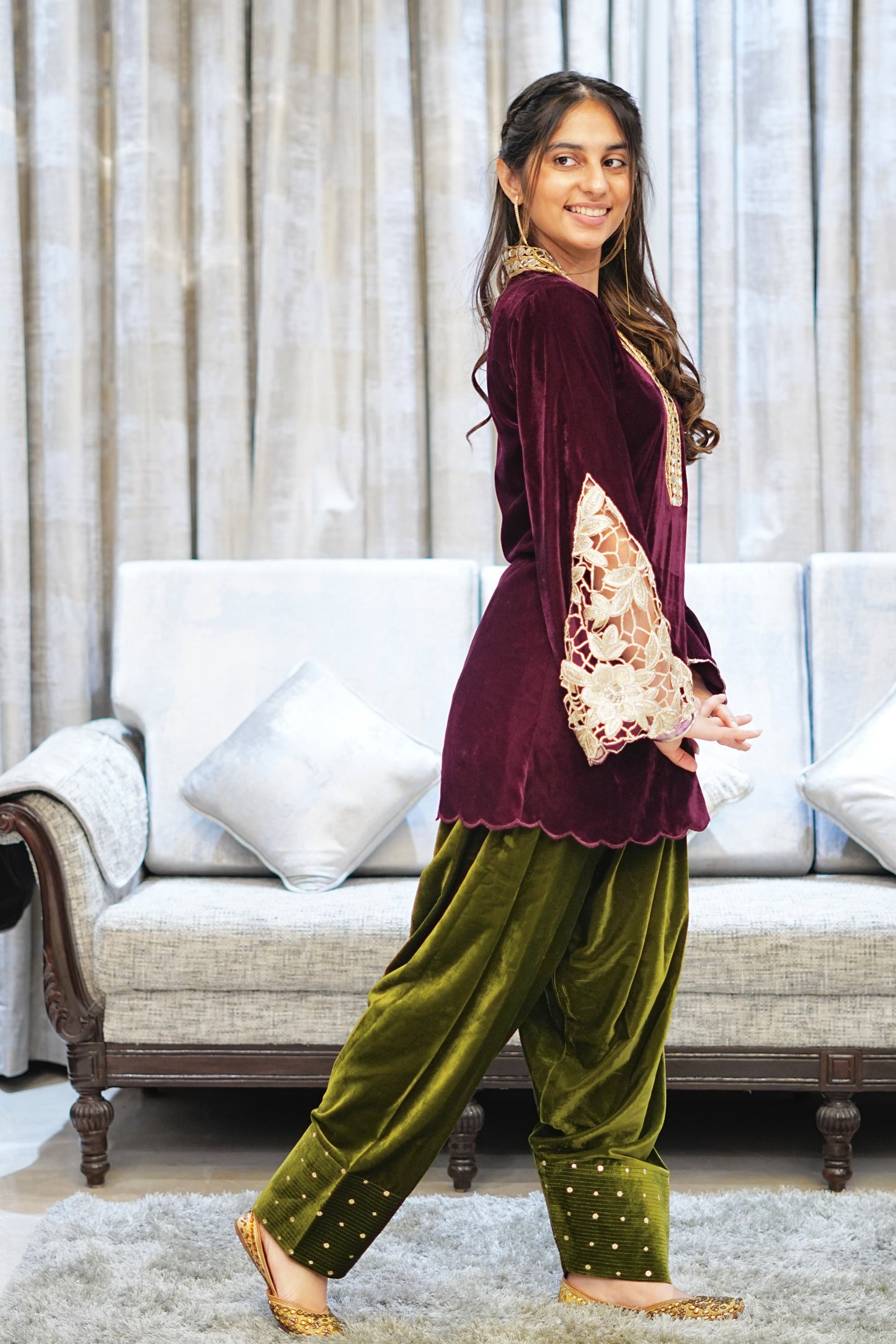 Wine Velvet Kurta with Gold Cutwork Sleeves and Olive Farshi Salwar