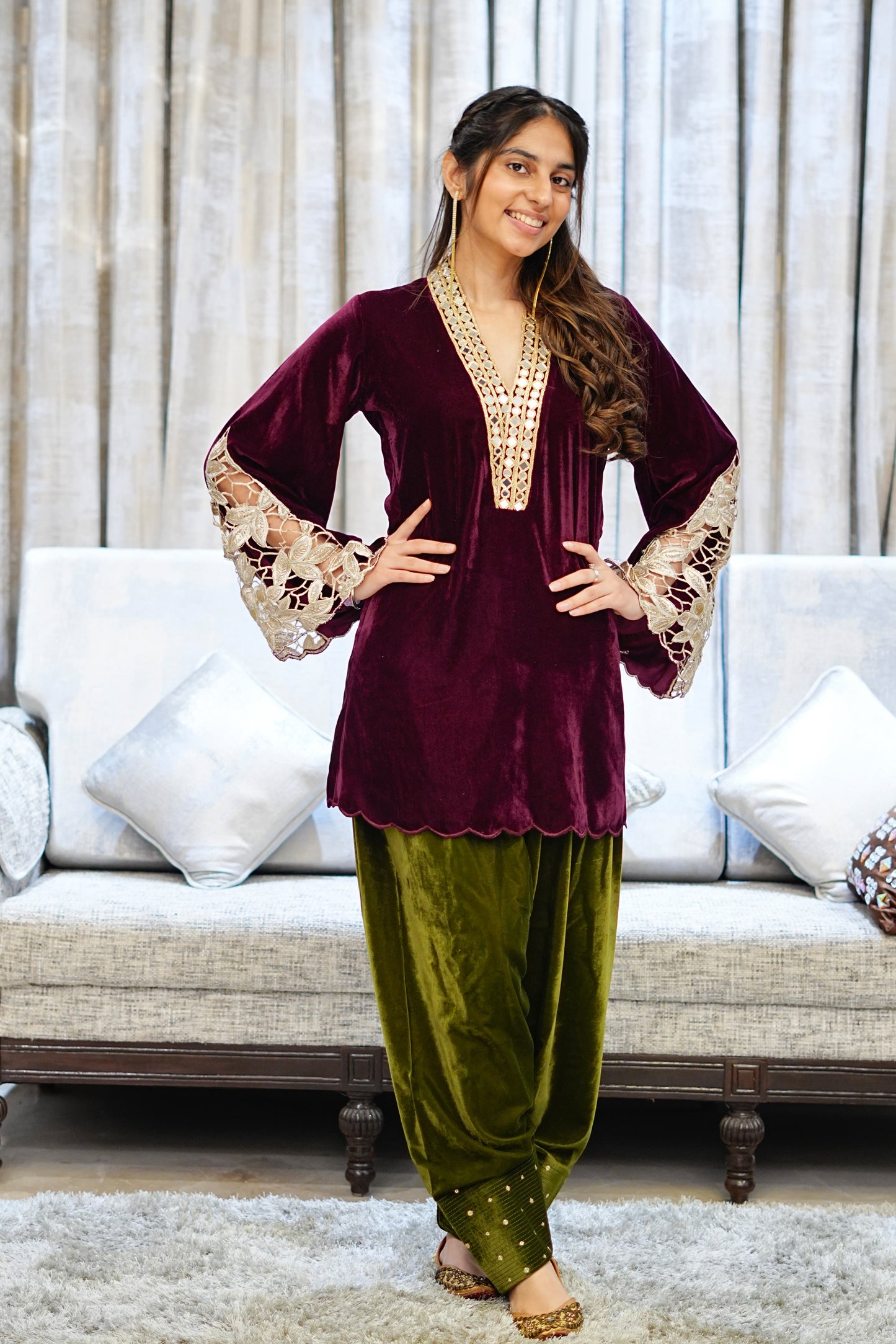 Wine Velvet Kurta with Gold Cutwork Sleeves and Olive Farshi Salwar