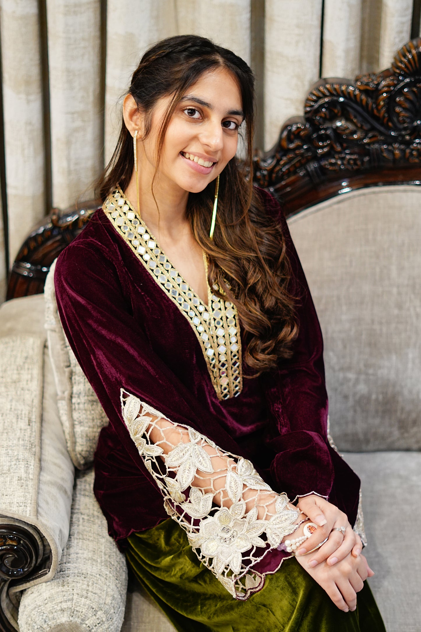 Wine Velvet Kurta with Gold Cutwork Sleeves and Olive Farshi Salwar