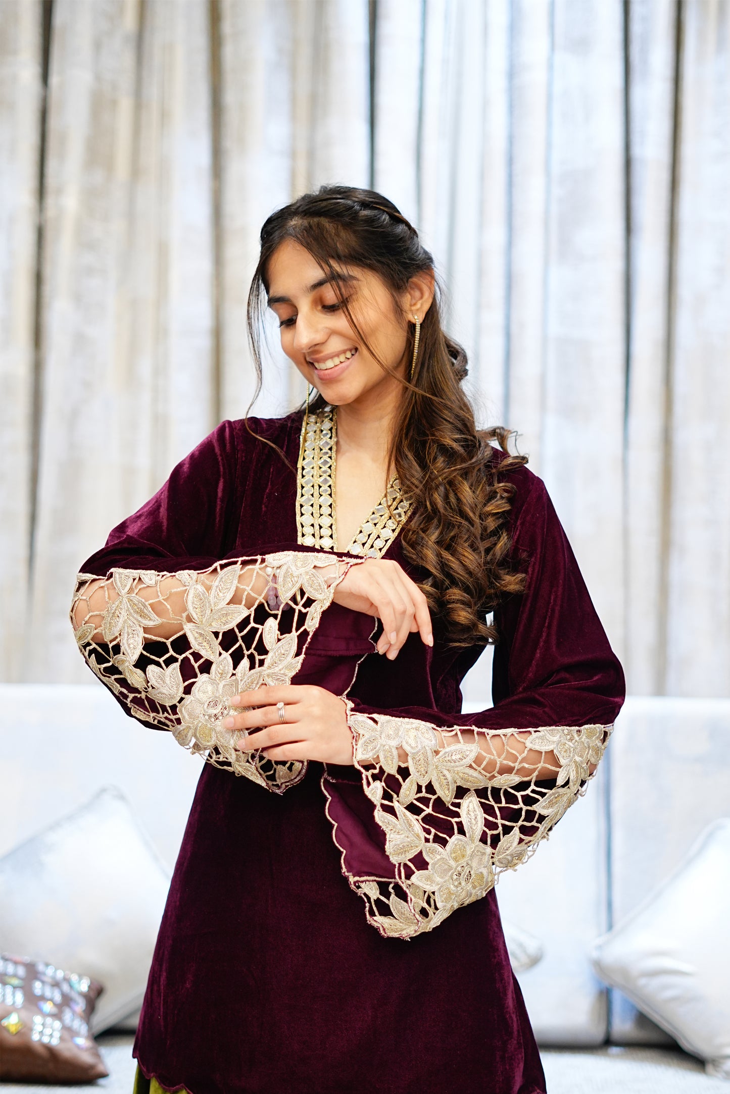 Wine Velvet Kurta with Gold Cutwork Sleeves and Olive Farshi Salwar