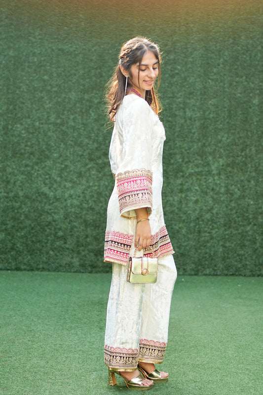 White Velvet Set with Rich Contrast Embroidered Work